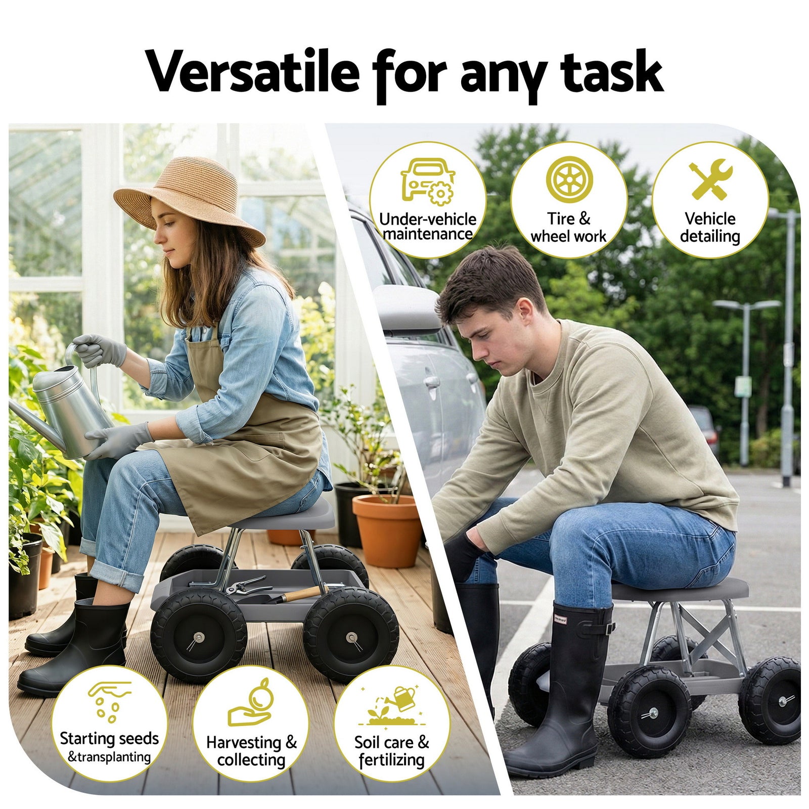 Garden Cart Seat with Wheels, Rolling Work Stool with Tool Storage Tray, 440lbs (200kg) Heavy Duty Capacity Garden Stool for Outdoor Yard Work, Car Detailing, and Garage Maintenance, Grey/Black