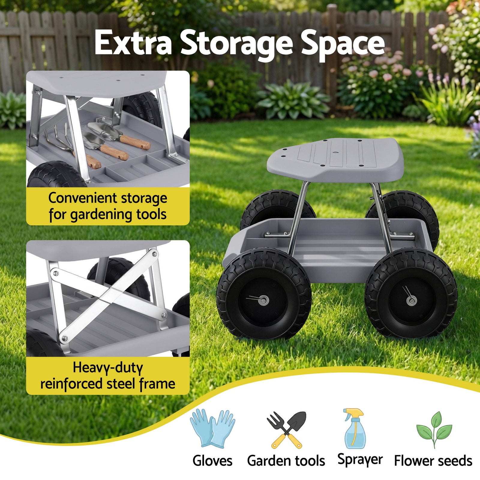 Garden Cart Seat with Wheels, Rolling Work Stool with Tool Storage Tray, 440lbs (200kg) Heavy Duty Capacity Garden Stool for Outdoor Yard Work, Car Detailing, and Garage Maintenance, Grey/Black