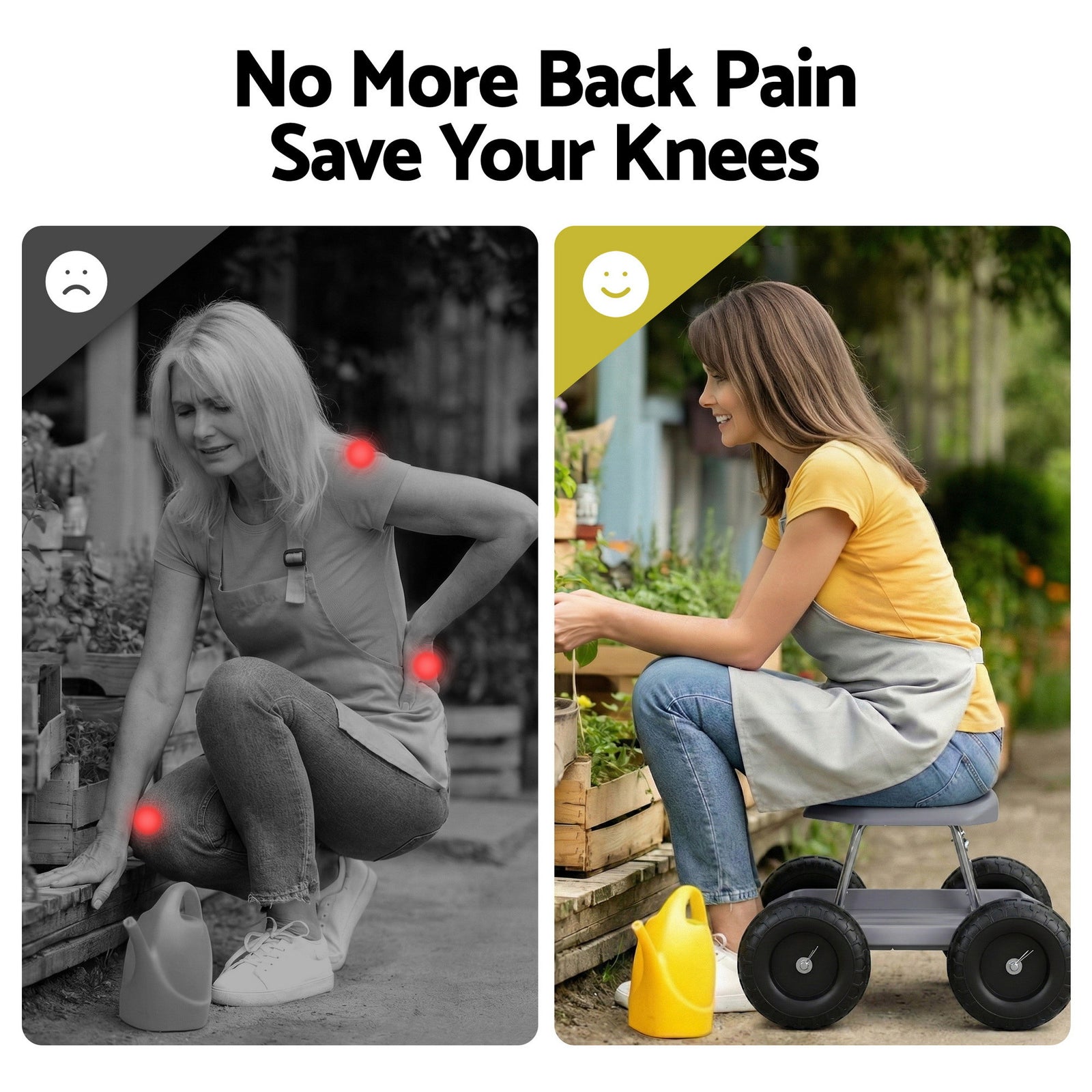 Garden Cart Seat with Wheels, Rolling Work Stool with Tool Storage Tray, 440lbs (200kg) Heavy Duty Capacity Garden Stool for Outdoor Yard Work, Car Detailing, and Garage Maintenance, Grey/Black