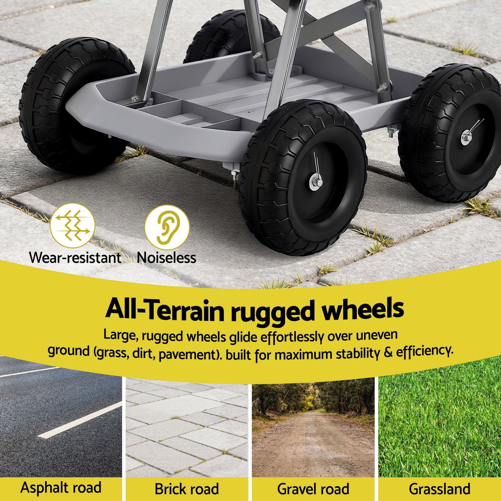 Garden Cart Seat with Wheels, Rolling Work Stool with Tool Storage Tray, 440lbs (200kg) Heavy Duty Capacity Garden Stool for Outdoor Yard Work, Car Detailing, and Garage Maintenance, Grey/Black