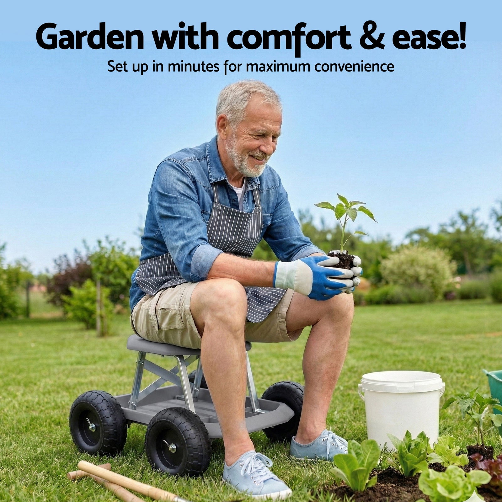 Garden Cart Seat with Wheels, Rolling Work Stool with Tool Storage Tray, 440lbs (200kg) Heavy Duty Capacity Garden Stool for Outdoor Yard Work, Car Detailing, and Garage Maintenance, Grey/Black