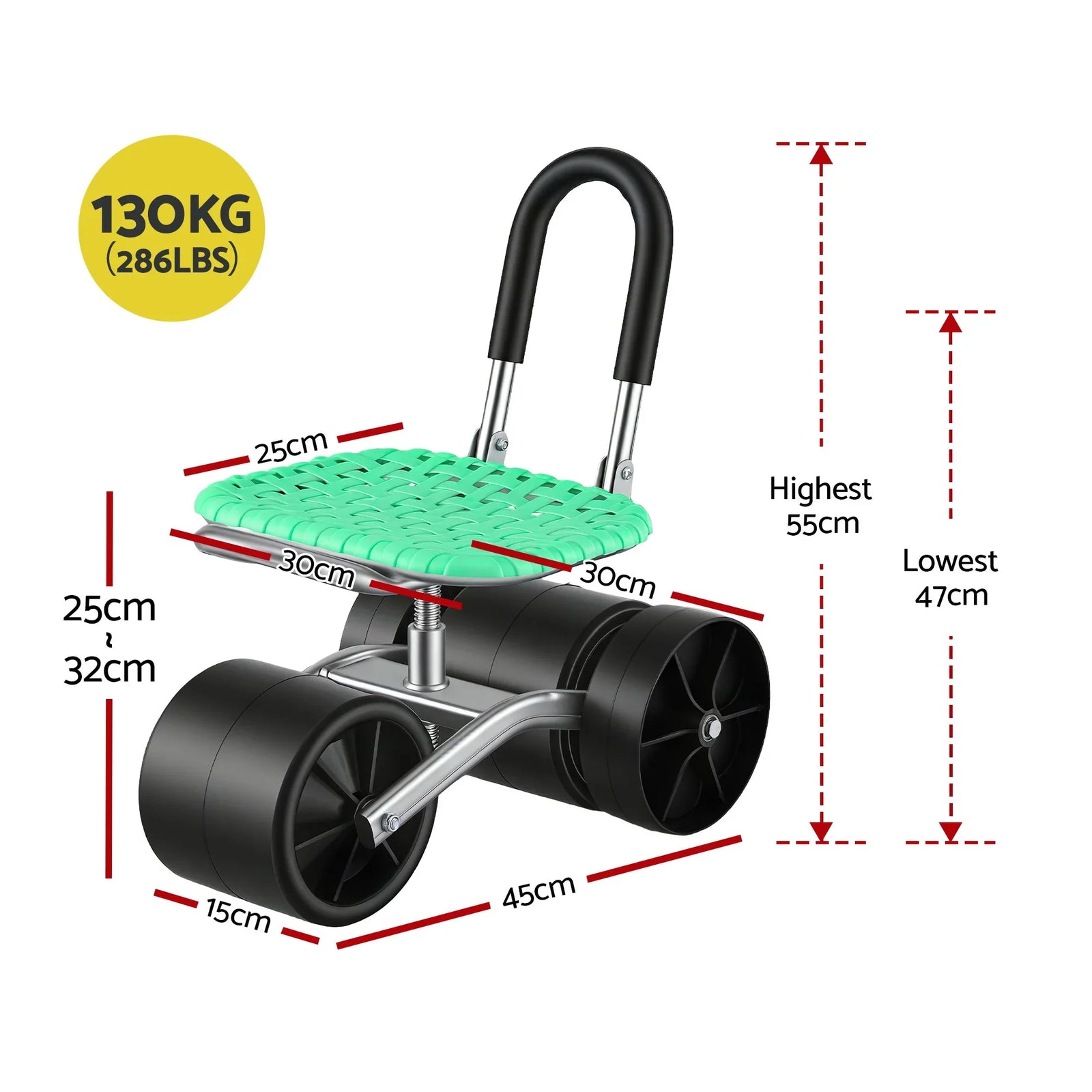 Rolling Garden Work Seat – Height Adjustable, 360° Swivel, 130kg