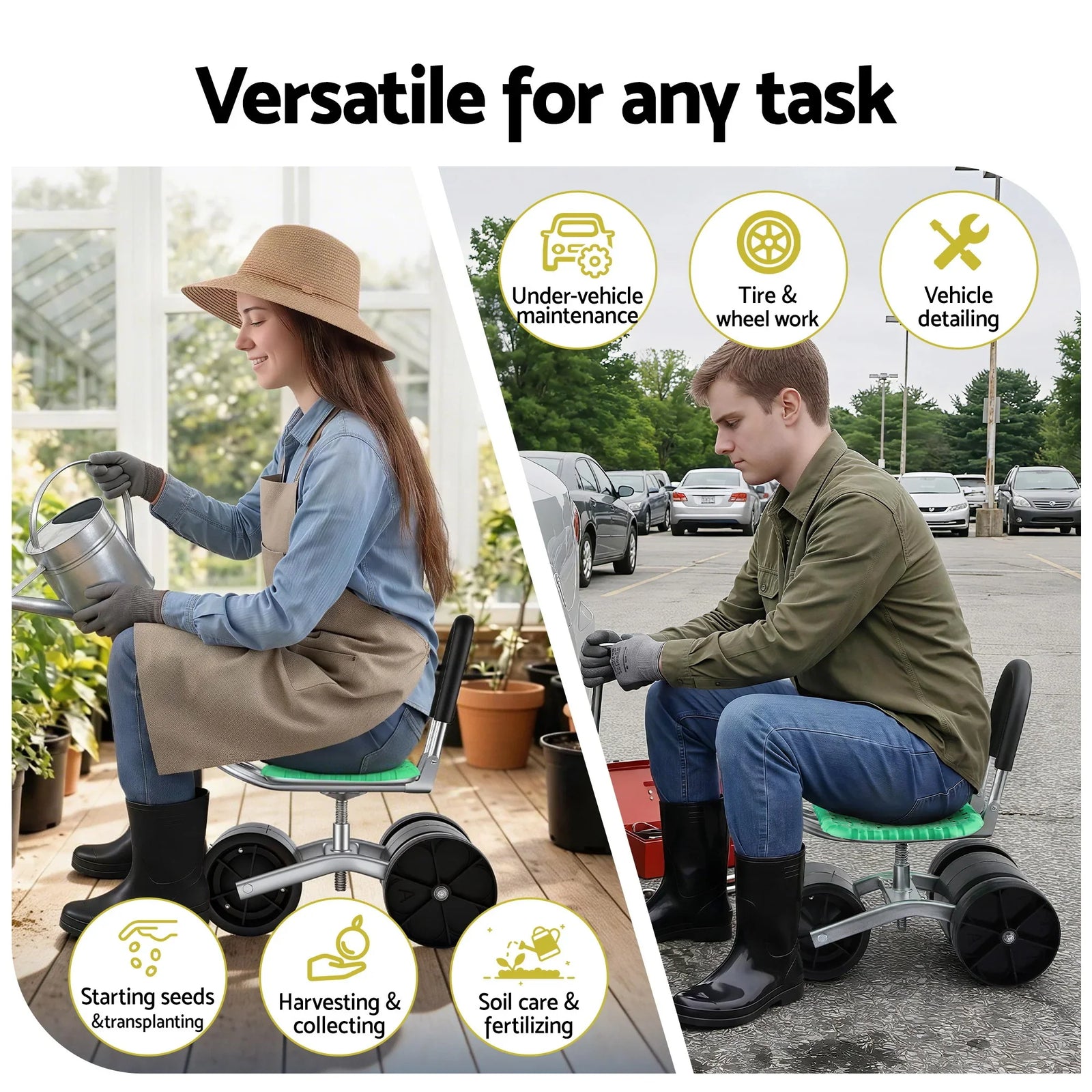 Rolling Garden Work Seat – Height Adjustable, 360° Swivel, 130kg