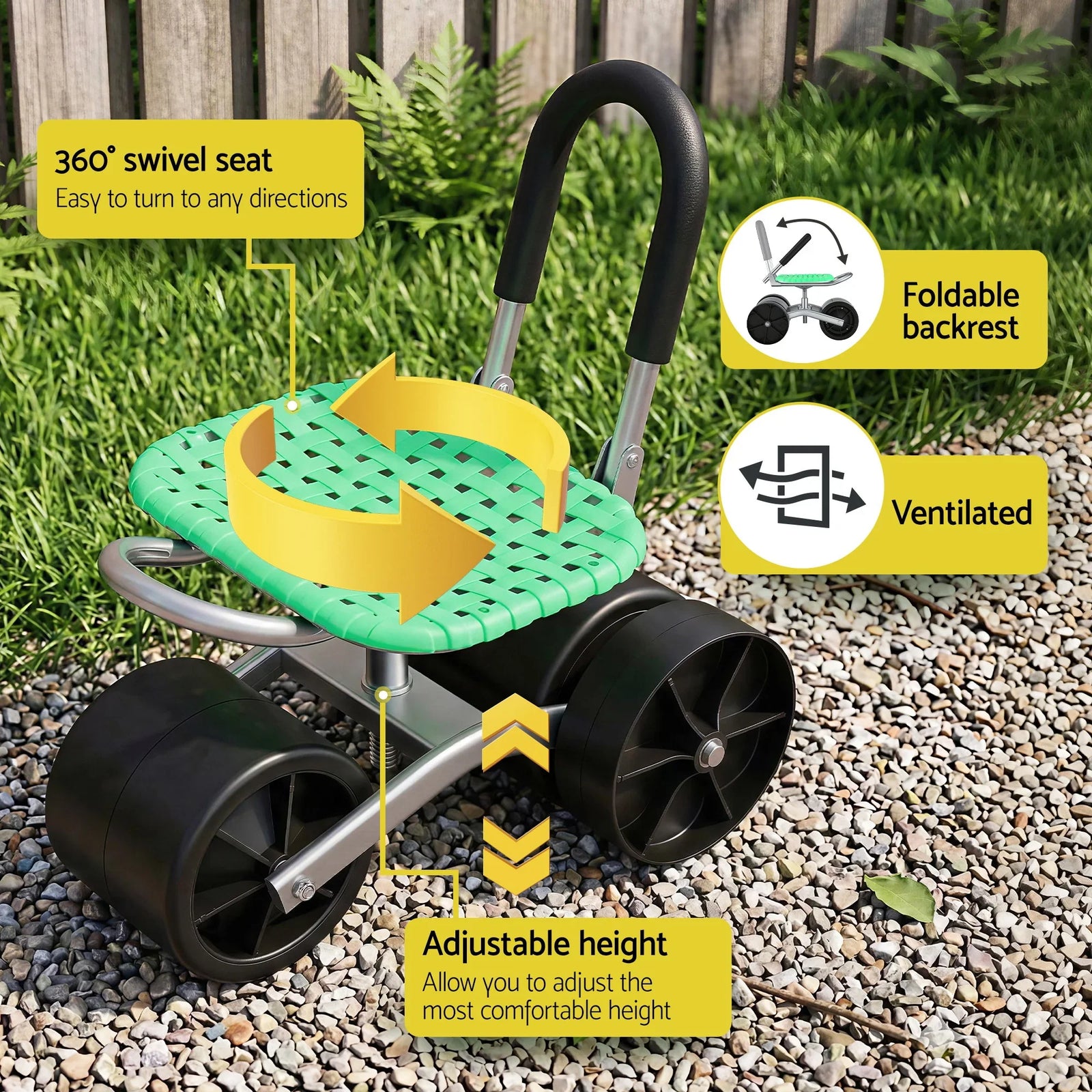 Rolling Garden Work Seat – Height Adjustable, 360° Swivel, 130kg