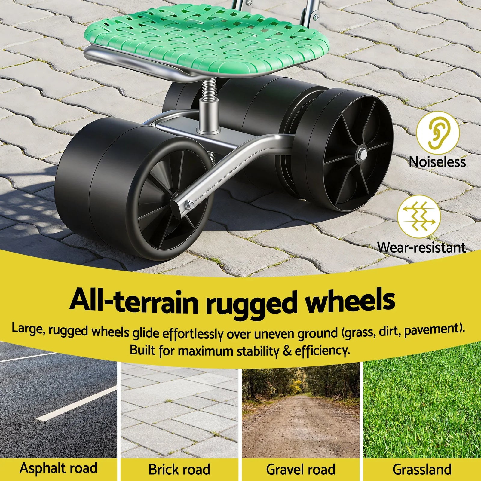 Rolling Garden Work Seat – Height Adjustable, 360° Swivel, 130kg