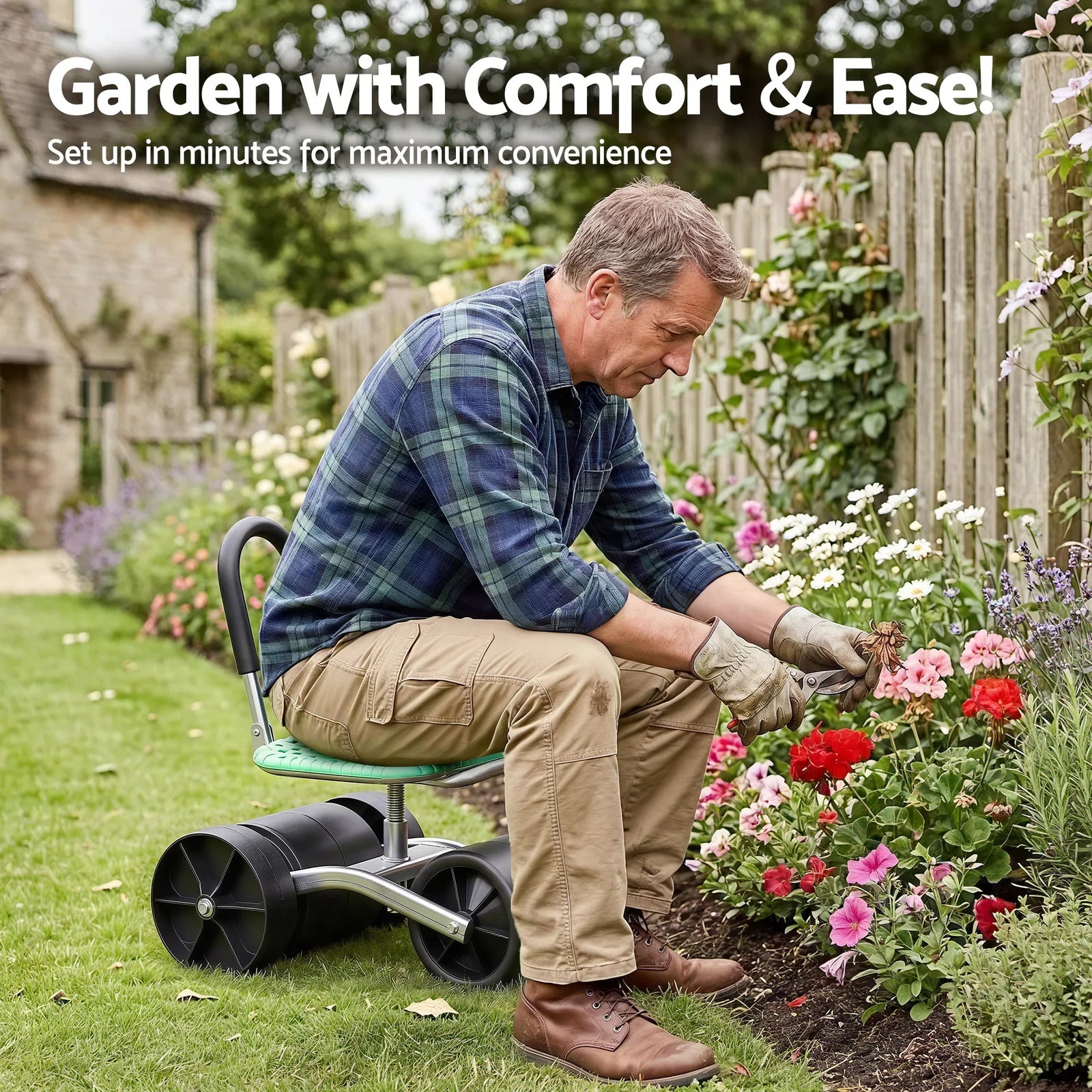 Rolling Garden Work Seat – Height Adjustable, 360° Swivel, 130kg