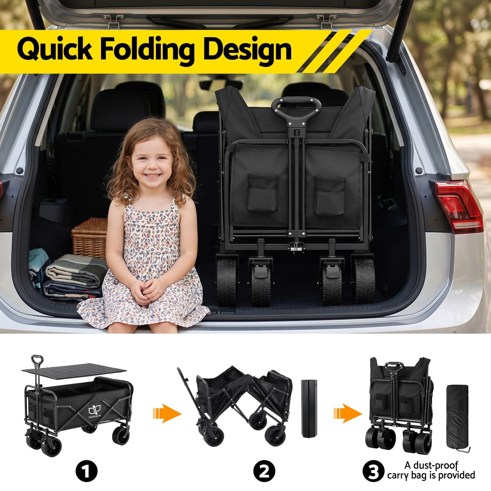Folding Camping Wagon – 150L Heavy‑Duty Cart w/ Tailgate & Table, Black