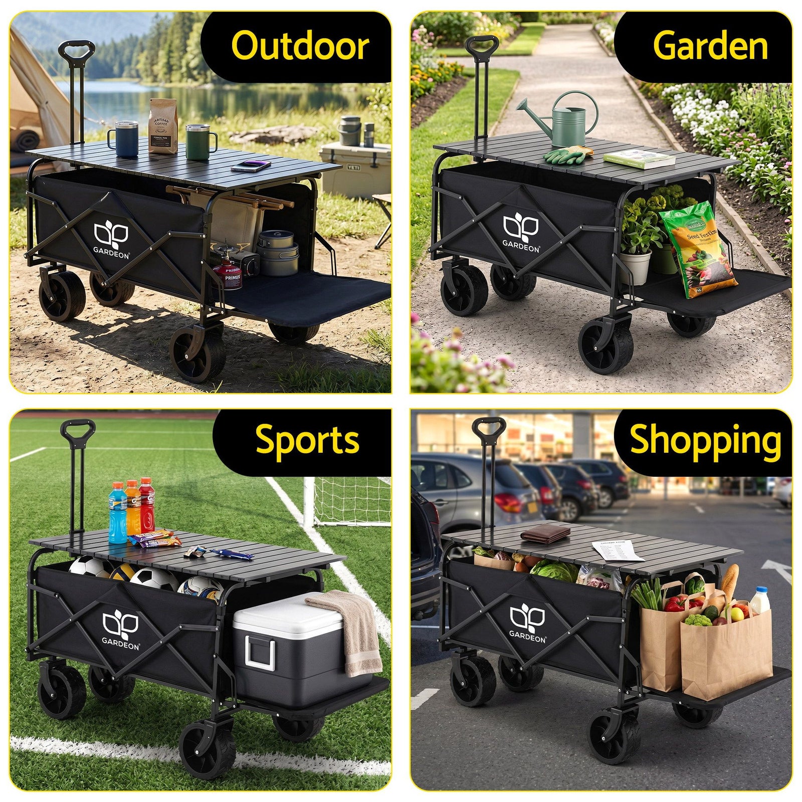Folding Camping Wagon – 150L Heavy‑Duty Cart w/ Tailgate & Table, Black