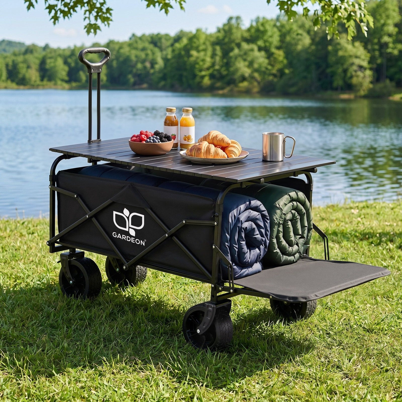 Folding Camping Wagon – 150L Heavy‑Duty Cart w/ Tailgate & Table, Black