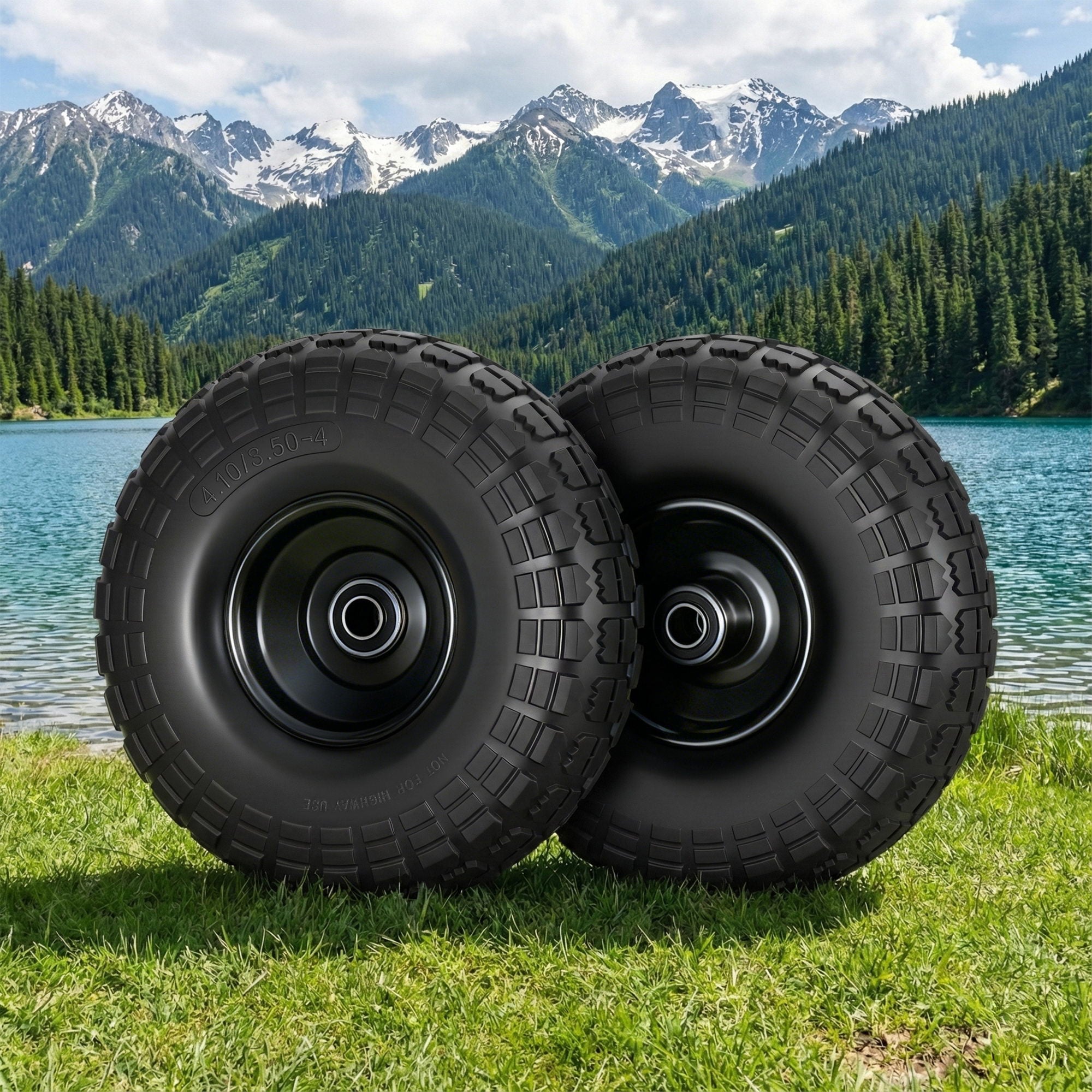 2pcs, 4.10/3.50-4 Tire And Wheel Flat Free, 26cm Solid Rubber Tires with 5/8 Axle Bore Hole And Double Sealed Bearings, Perfect for Wheelbarrow, Garden Cart, Wagon, Dolly