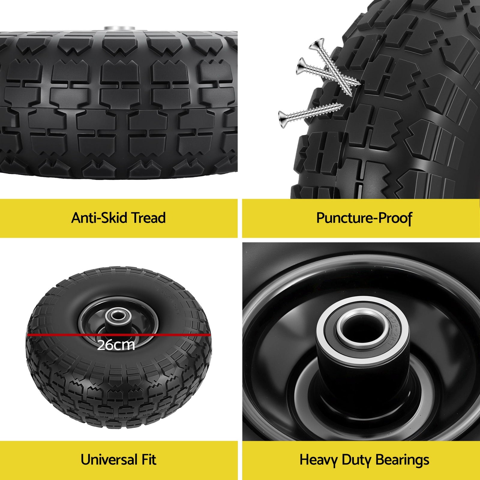 2pcs, 4.10/3.50-4 Tire And Wheel Flat Free, 26cm Solid Rubber Tires with 5/8 Axle Bore Hole And Double Sealed Bearings, Perfect for Wheelbarrow, Garden Cart, Wagon, Dolly