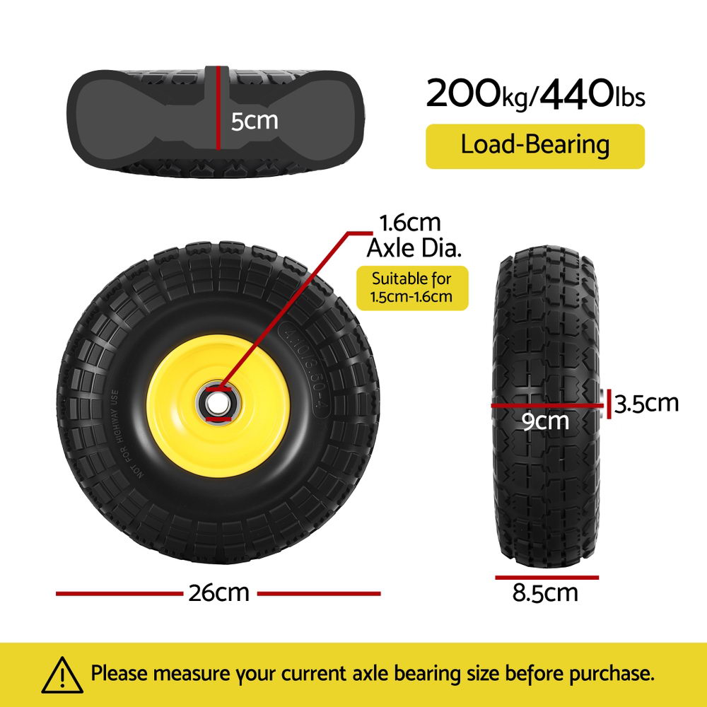 2pcs, 4.10/3.50-4 Tire And Wheel Flat Free, 26cm Solid Rubber Tires with 5/8 Axle Bore Hole And Double Sealed Bearings, Perfect for Wheelbarrow, Garden Cart, Wagon, Dolly