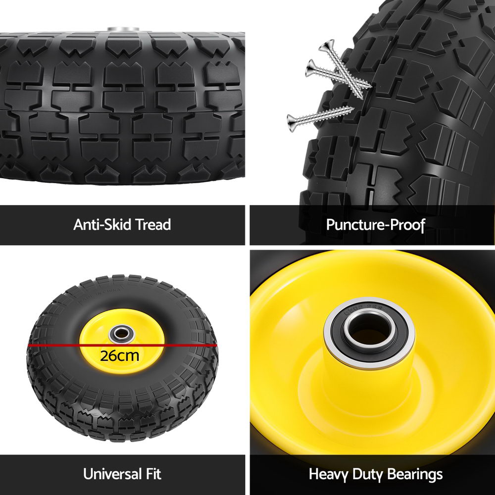 2pcs, 4.10/3.50-4 Tire And Wheel Flat Free, 26cm Solid Rubber Tires with 5/8 Axle Bore Hole And Double Sealed Bearings, Perfect for Wheelbarrow, Garden Cart, Wagon, Dolly