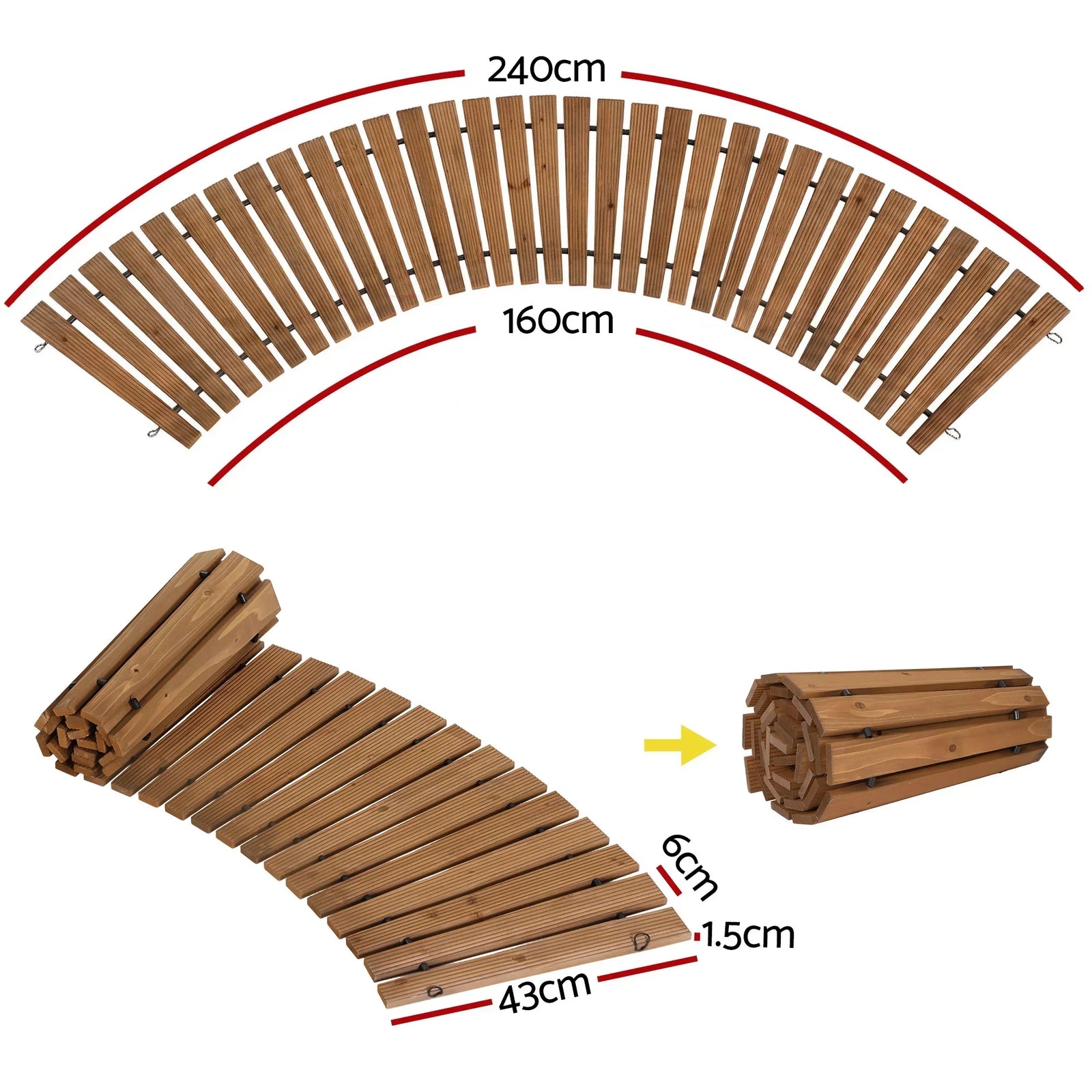 8FT Wooden Garden Pathway Roll-Out Curved Walkway Outdoor Backyard Brown