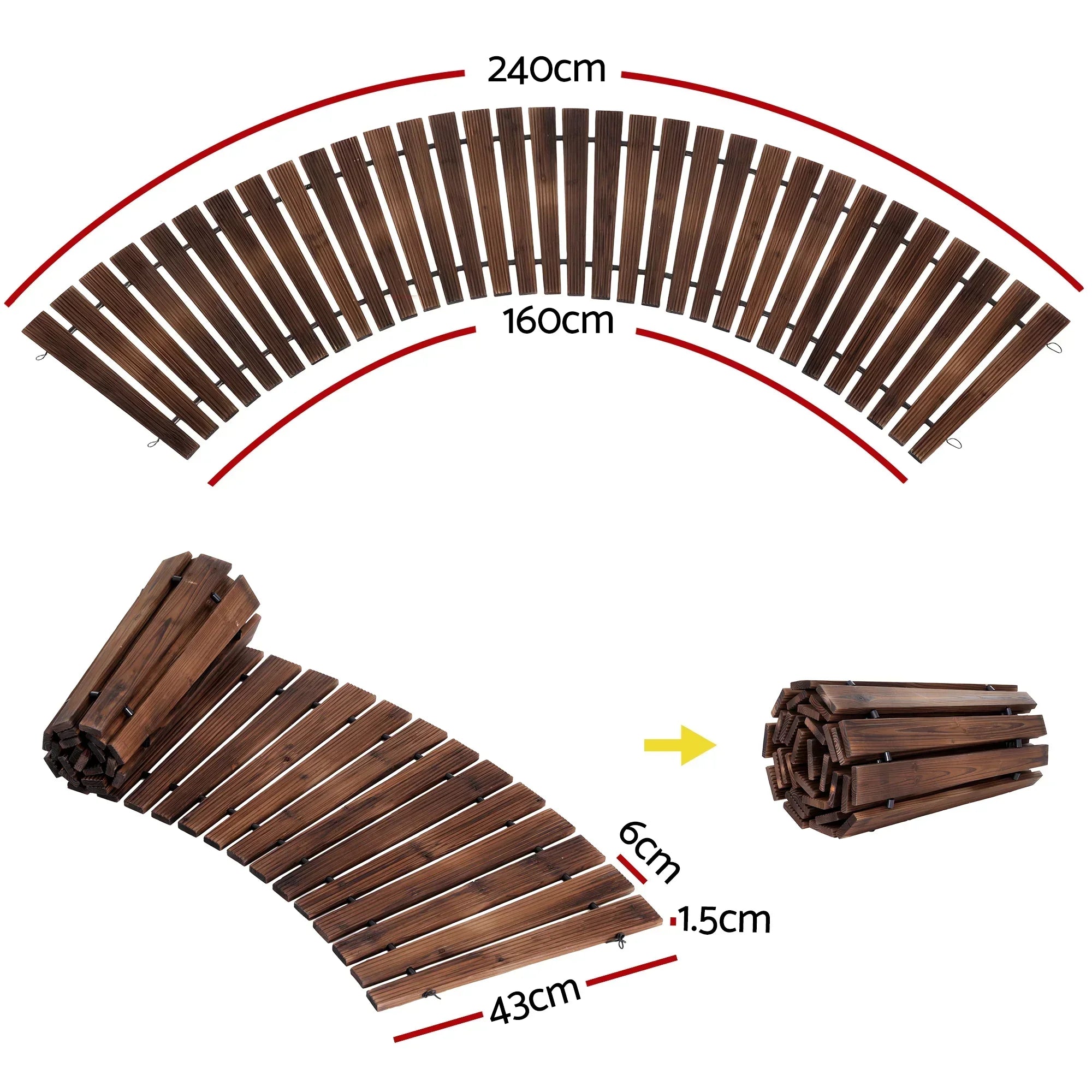 8FT Wooden Garden Pathway Roll-Out Curved Walkway Outdoor Backyard Charcoal Brown