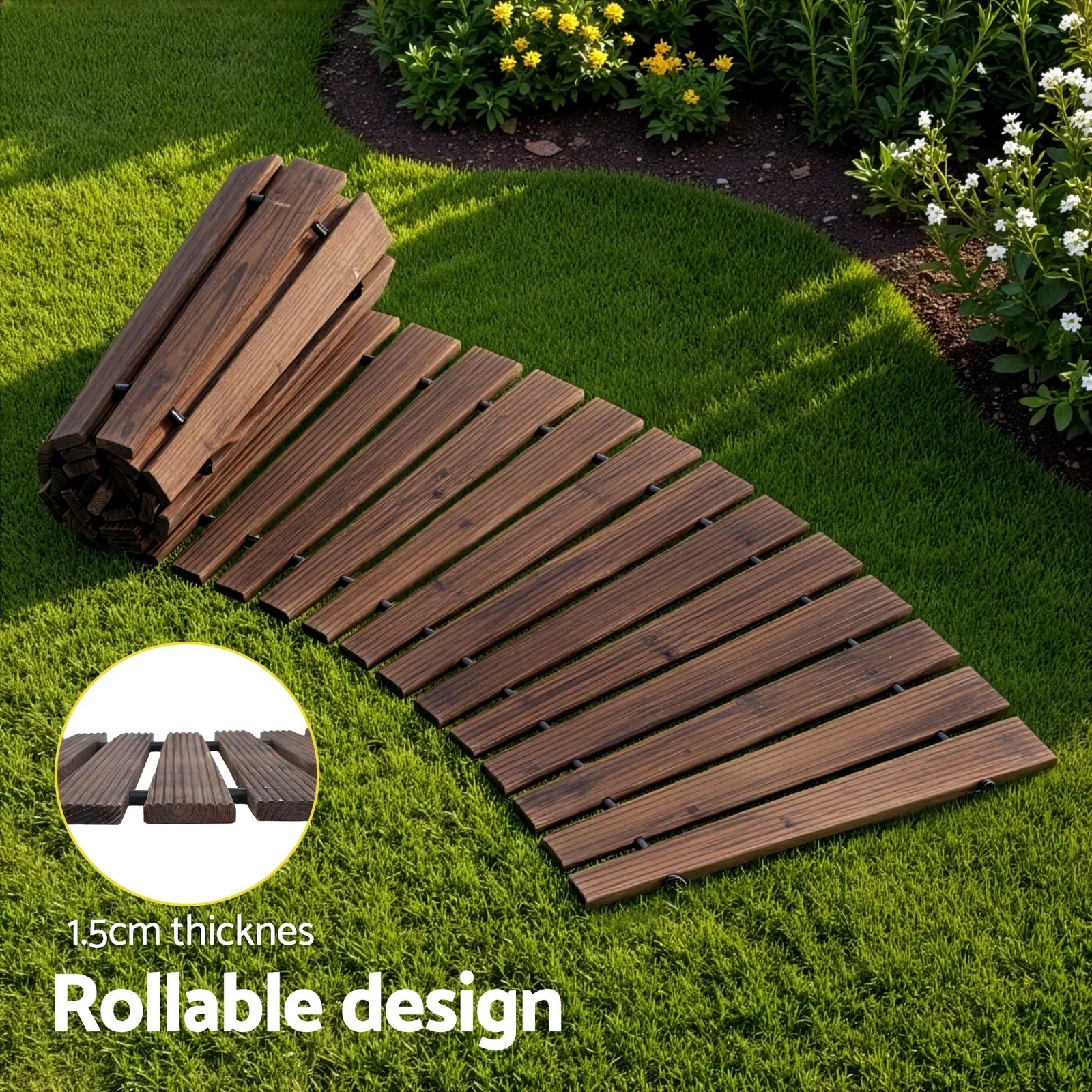 8FT Wooden Garden Pathway Roll-Out Curved Walkway Outdoor Backyard Charcoal Brown