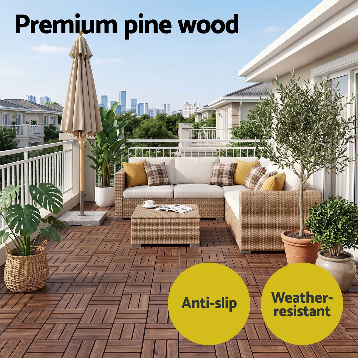 Gardeon 27pc Interlocking Wood Deck Tiles 30 x 30cm Pine Outdoor Flooring Brown