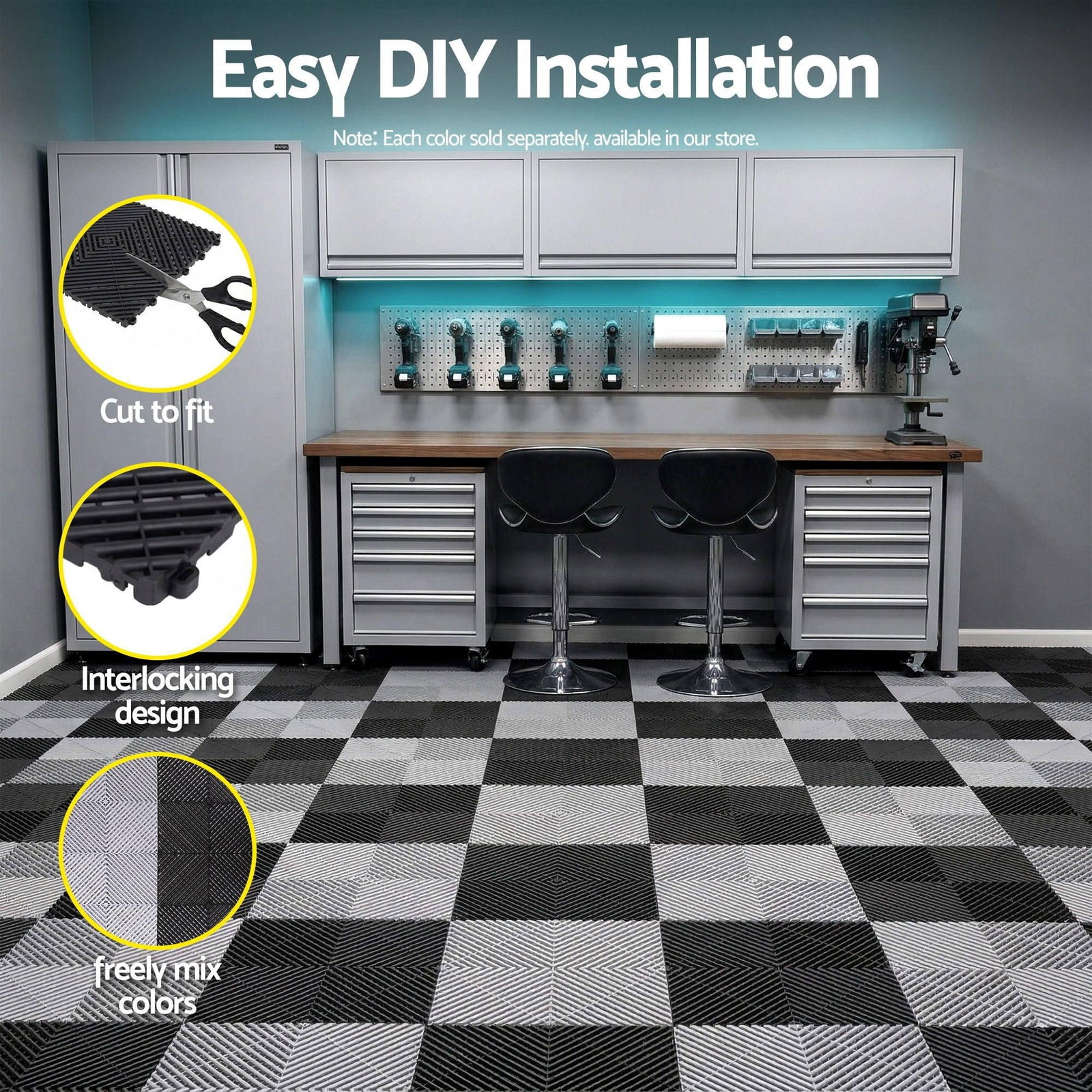 20 Interlocking Garage Floor Tiles with Self‑Draining Non‑Slip Heavy‑Duty Design Black