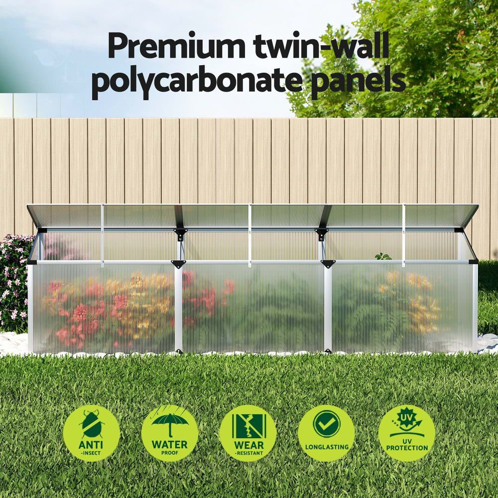 Aluminium Cold Frame Greenhouse, 180x50x50cm, Twin-Wall Polycarbonate, Silver