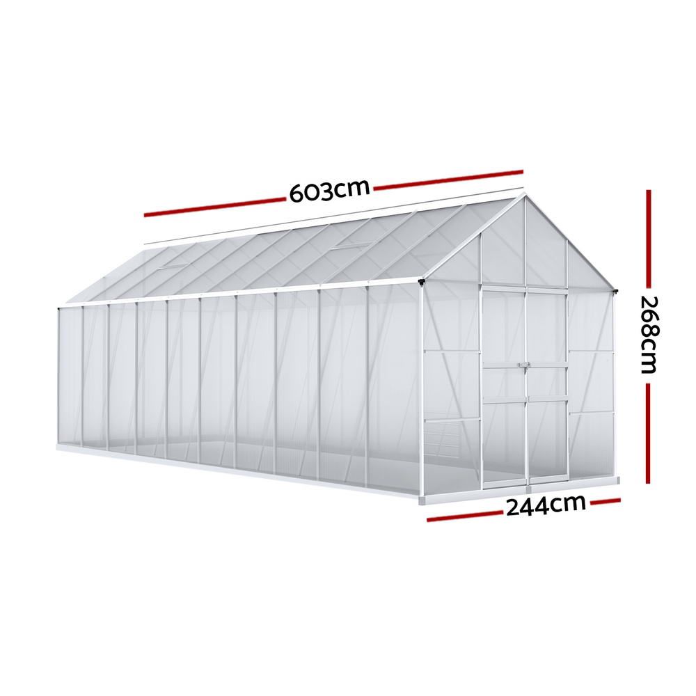 Aluminium Greenhouse 6.03x2.44x2.68m, Twin-Wall Polycarbonate, Double Doors