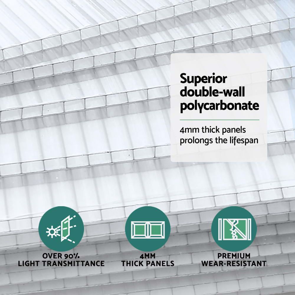 Aluminium Greenhouse 6.03x2.44x2.68m, Twin-Wall Polycarbonate, Double Doors