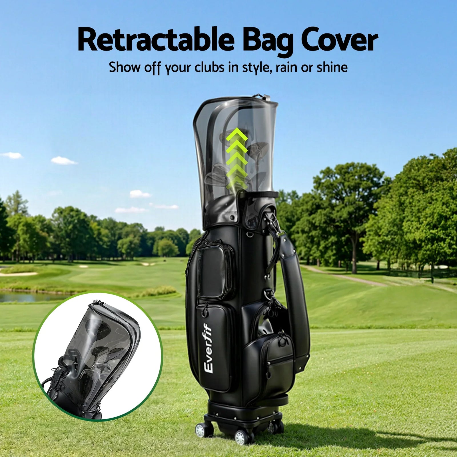 Golf Cart Bag Rolling Buggy Club Organiser Synthetic Leather Black