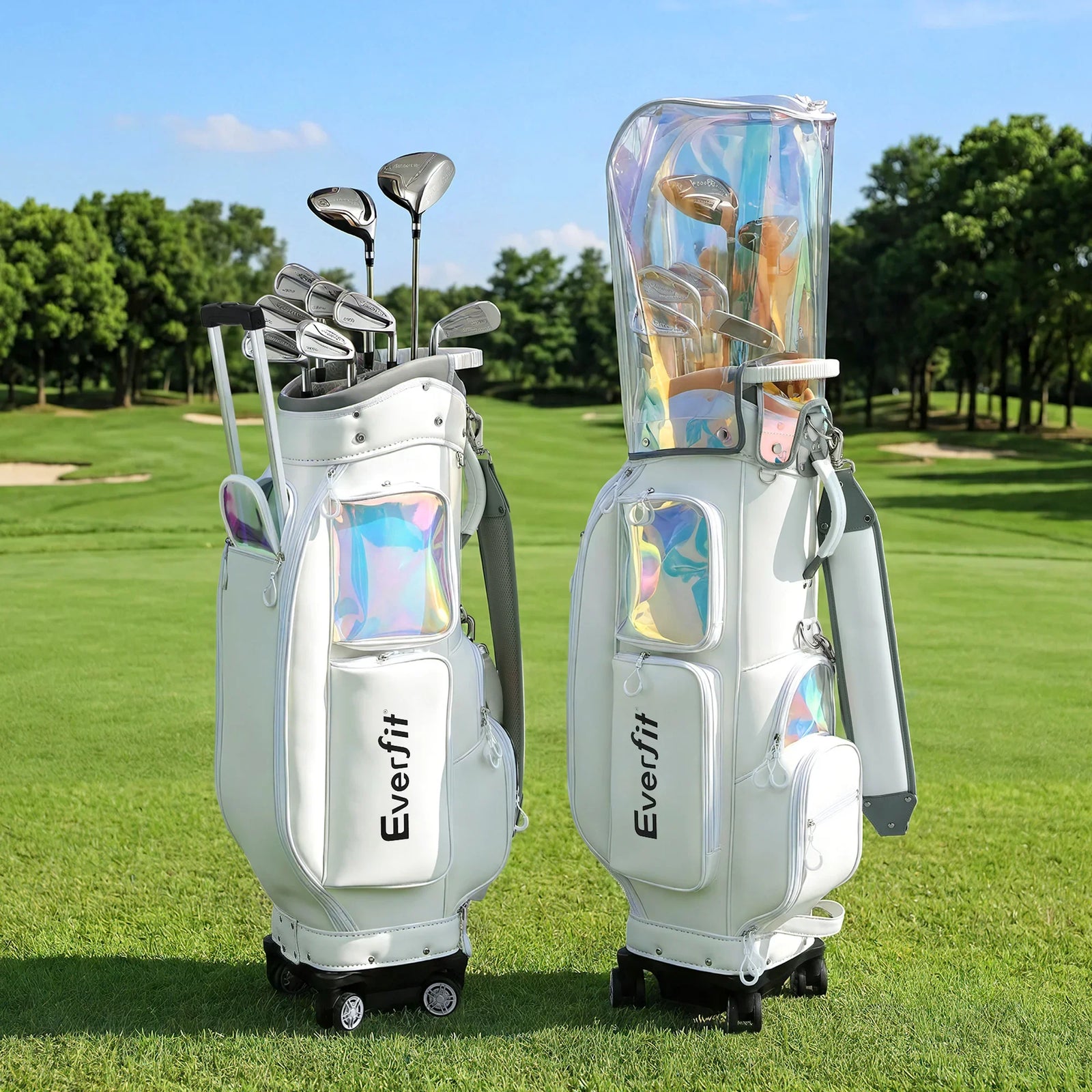 Golf Cart Bag Rolling Buggy Club Organiser Synthetic Leather White