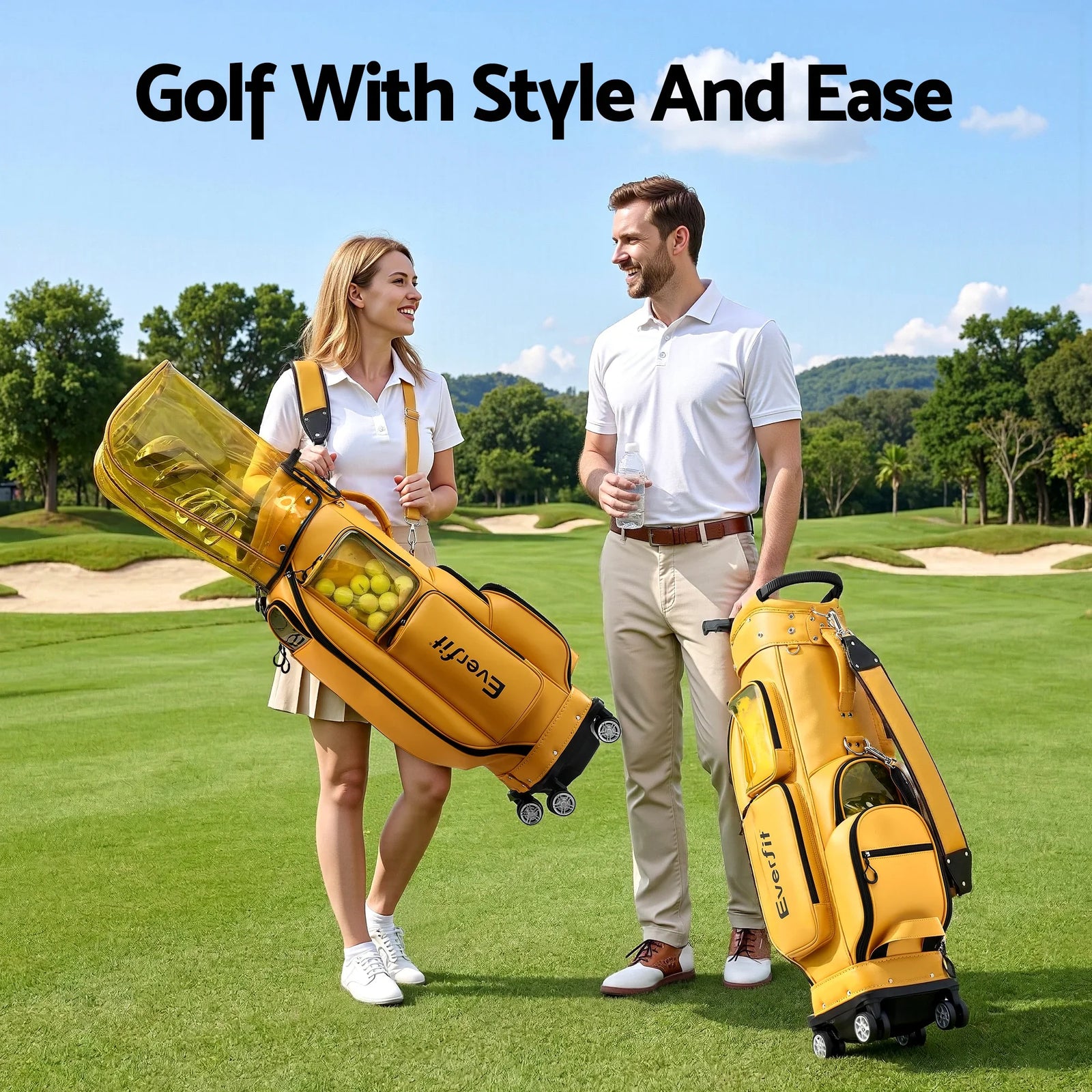 Golf Cart Bag Rolling Buggy Club Organiser Synthetic Leather Yellow