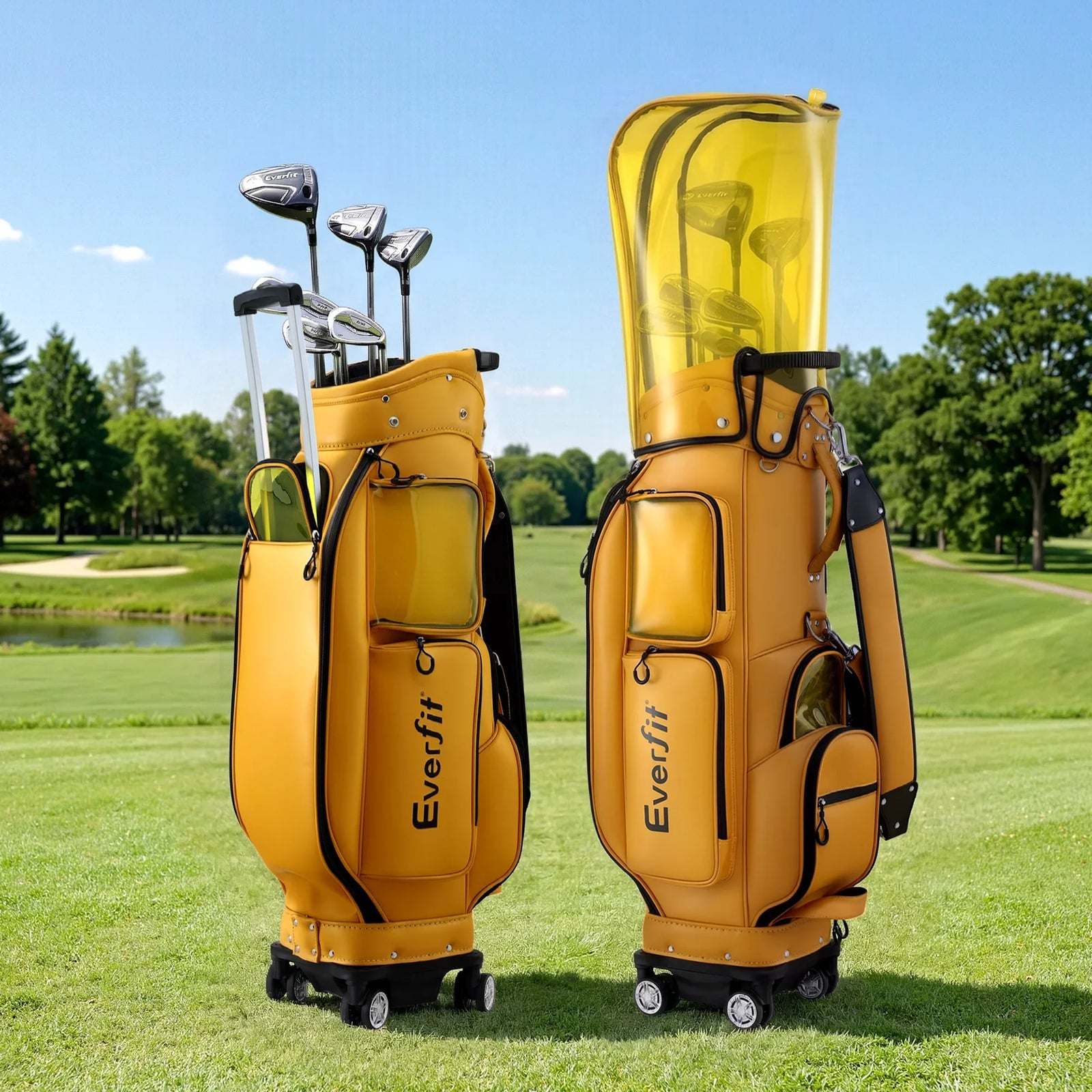 Golf Cart Bag Rolling Buggy Club Organiser Synthetic Leather Yellow