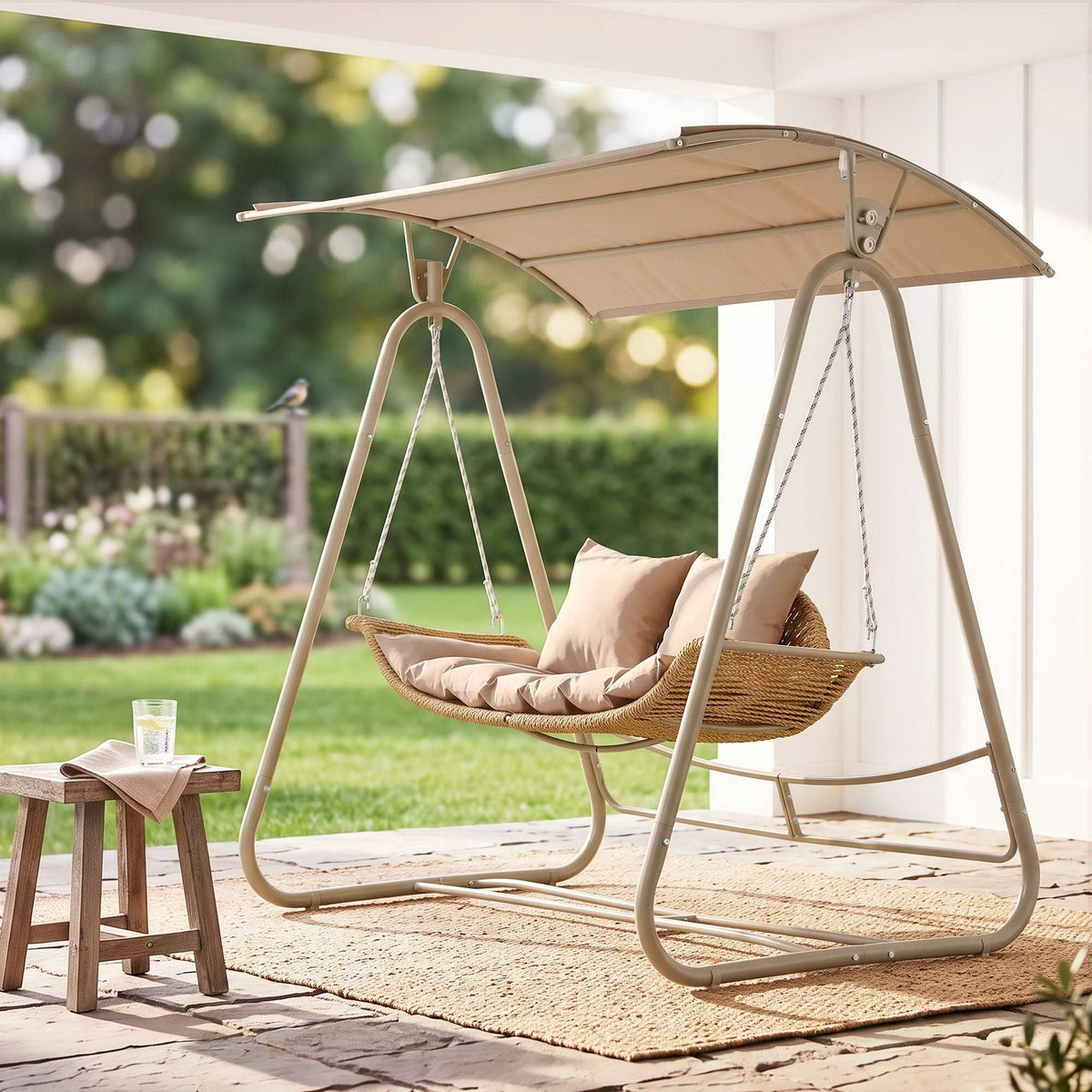 Outdoor Swing Chair 2-Seater Rattan Seat with Canopy Beige