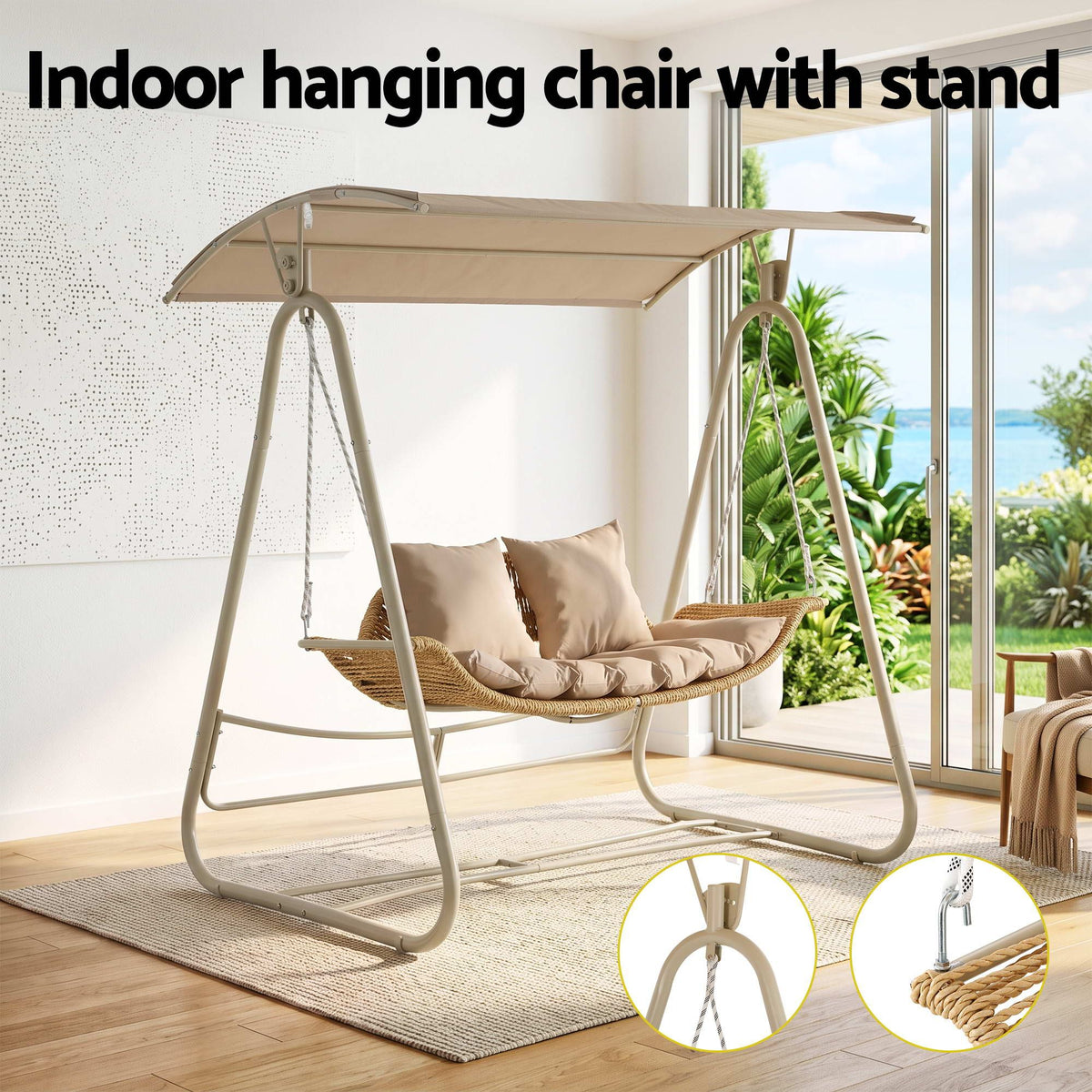 Outdoor Swing Chair 2-Seater Rattan Seat with Canopy Beige