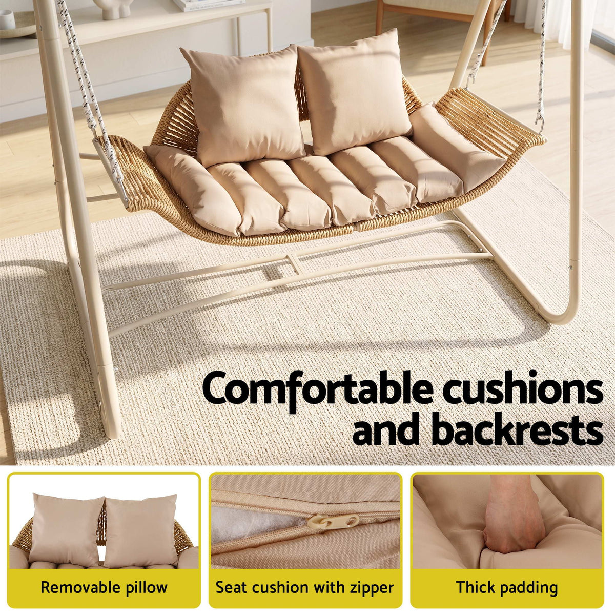 Outdoor Swing Chair 2-Seater Rattan Seat with Canopy Beige