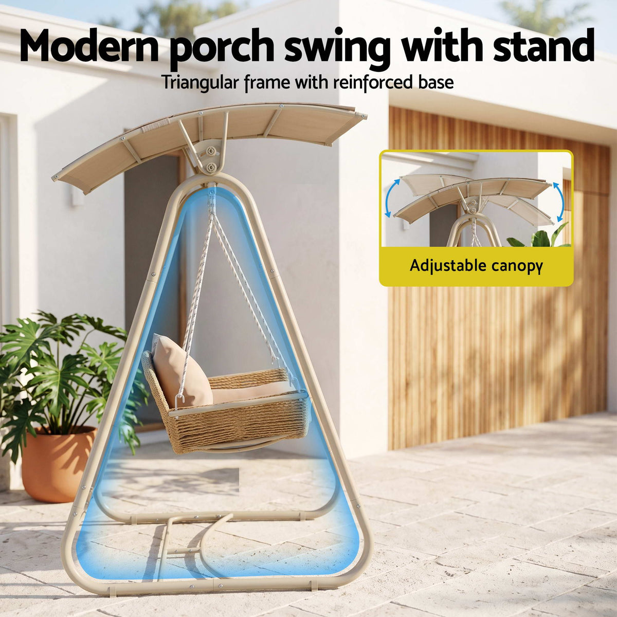 Outdoor Swing Chair 2-Seater Rattan Seat with Canopy Beige