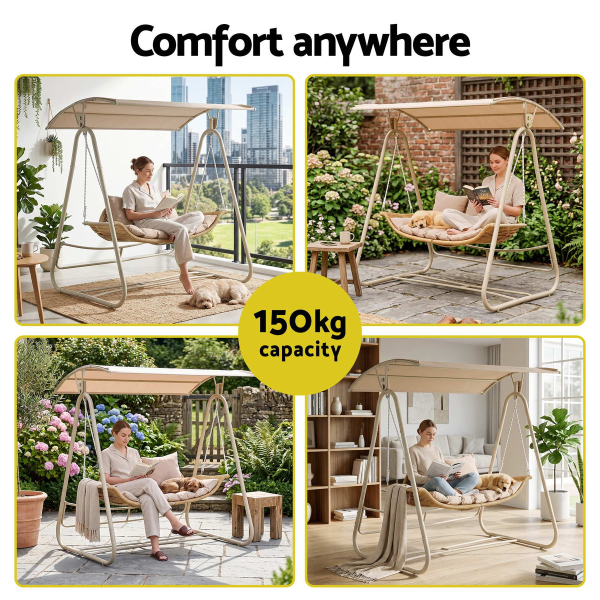 Outdoor Swing Chair 2-Seater Rattan Seat with Canopy Beige