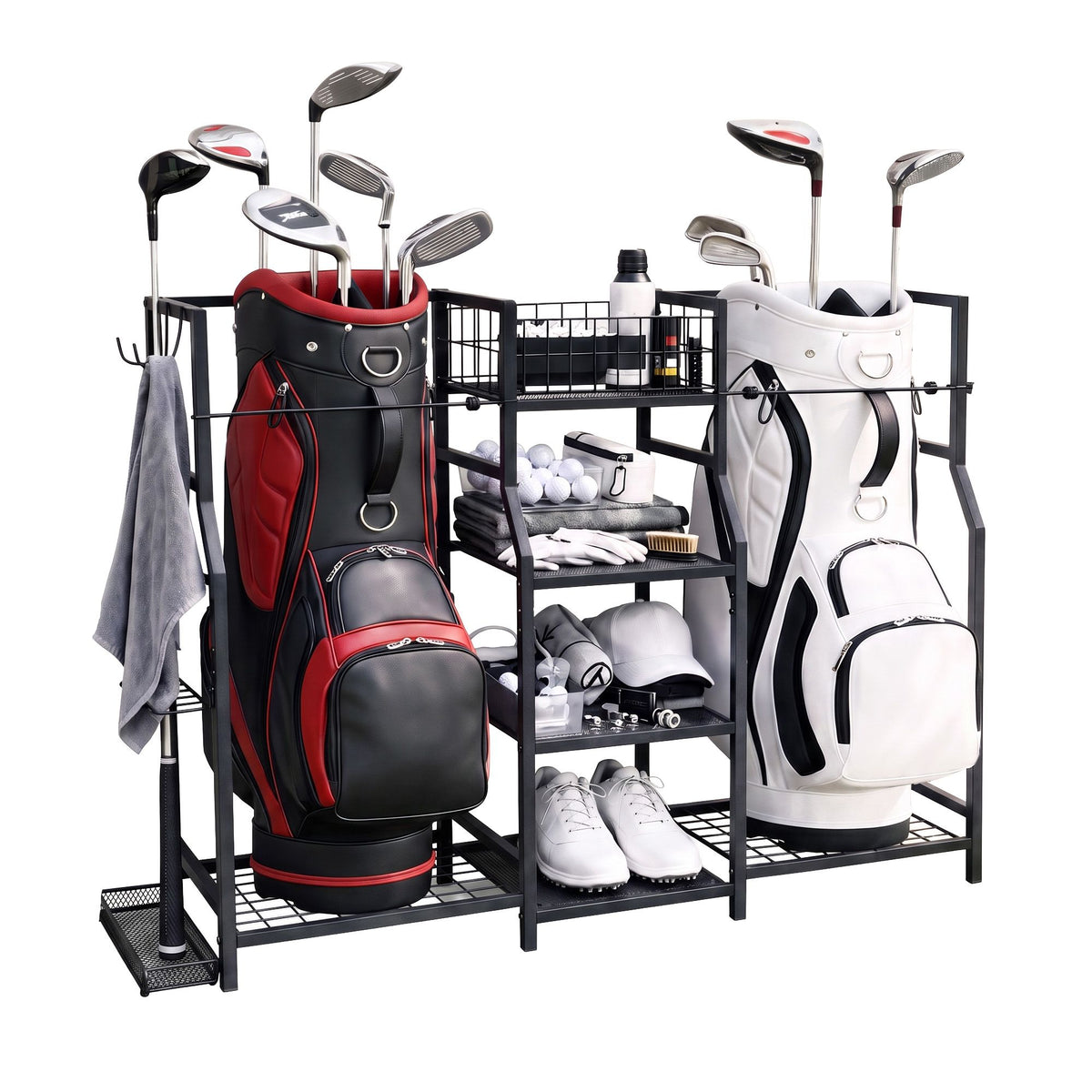 Everfit Golf Bag Storage Rack for 2 Bags & 16 Clubs, Garage Golf Organiser Black