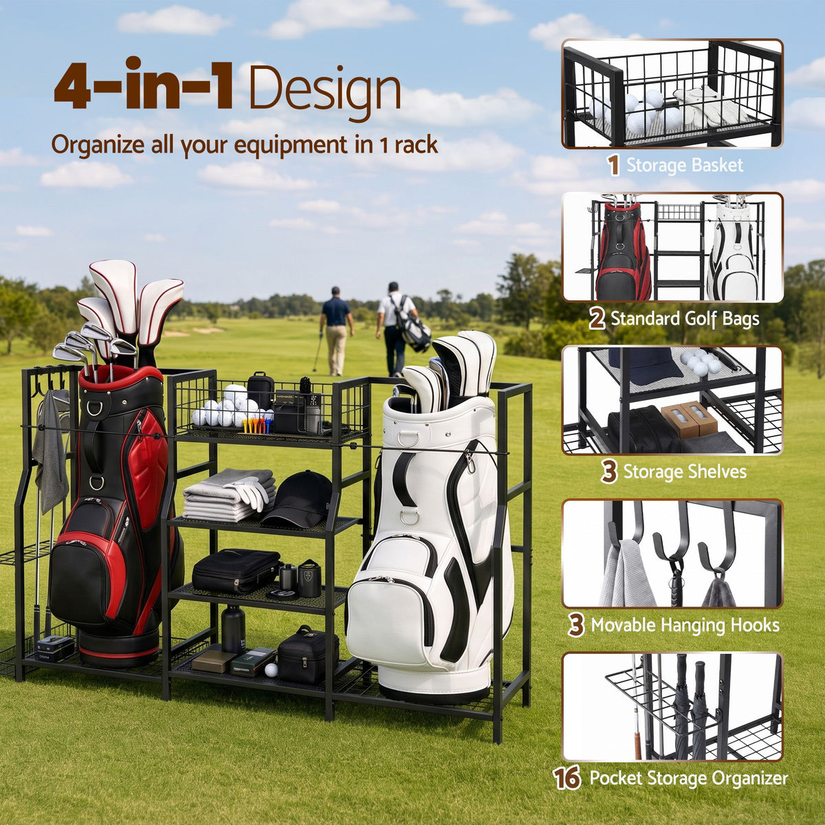 Everfit Golf Bag Storage Rack for 2 Bags & 16 Clubs, Garage Golf Organiser Black