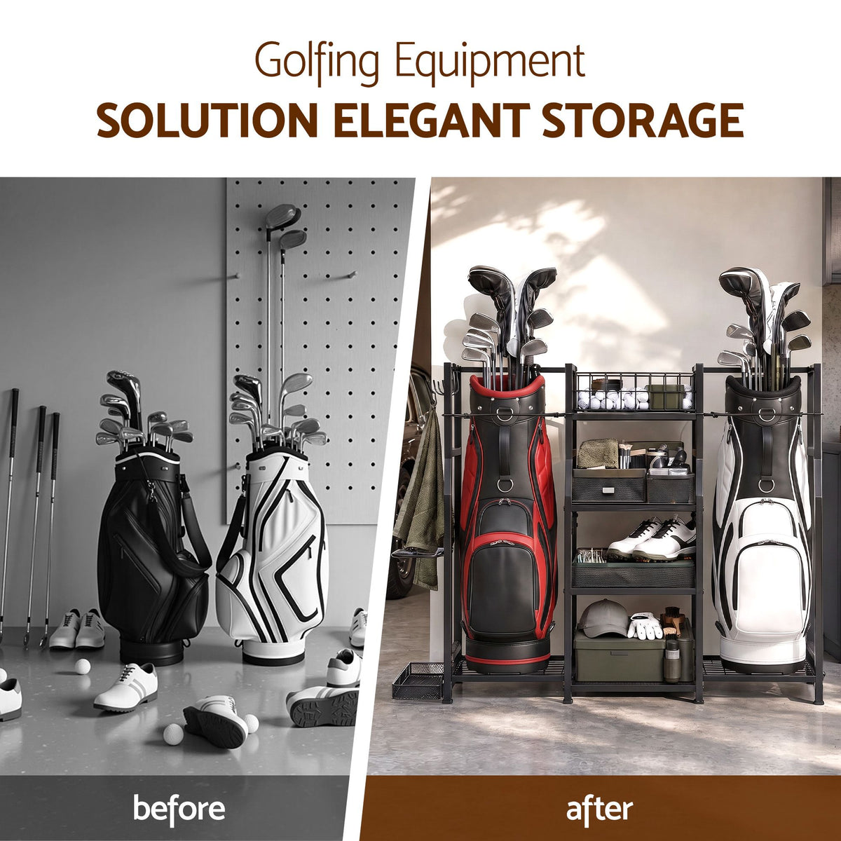 Everfit Golf Bag Storage Rack for 2 Bags & 16 Clubs, Garage Golf Organiser Black