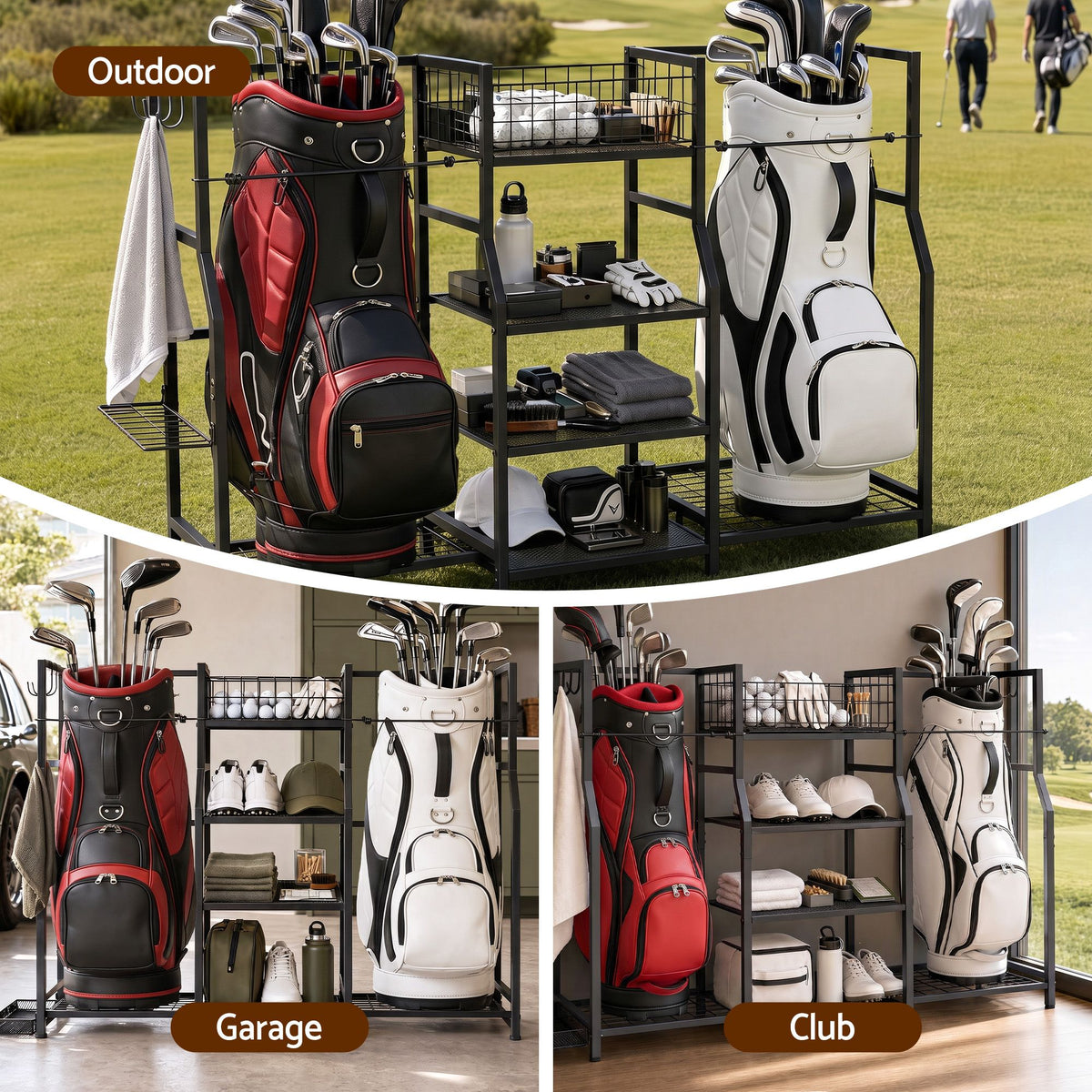 Everfit Golf Bag Storage Rack for 2 Bags & 16 Clubs, Garage Golf Organiser Black