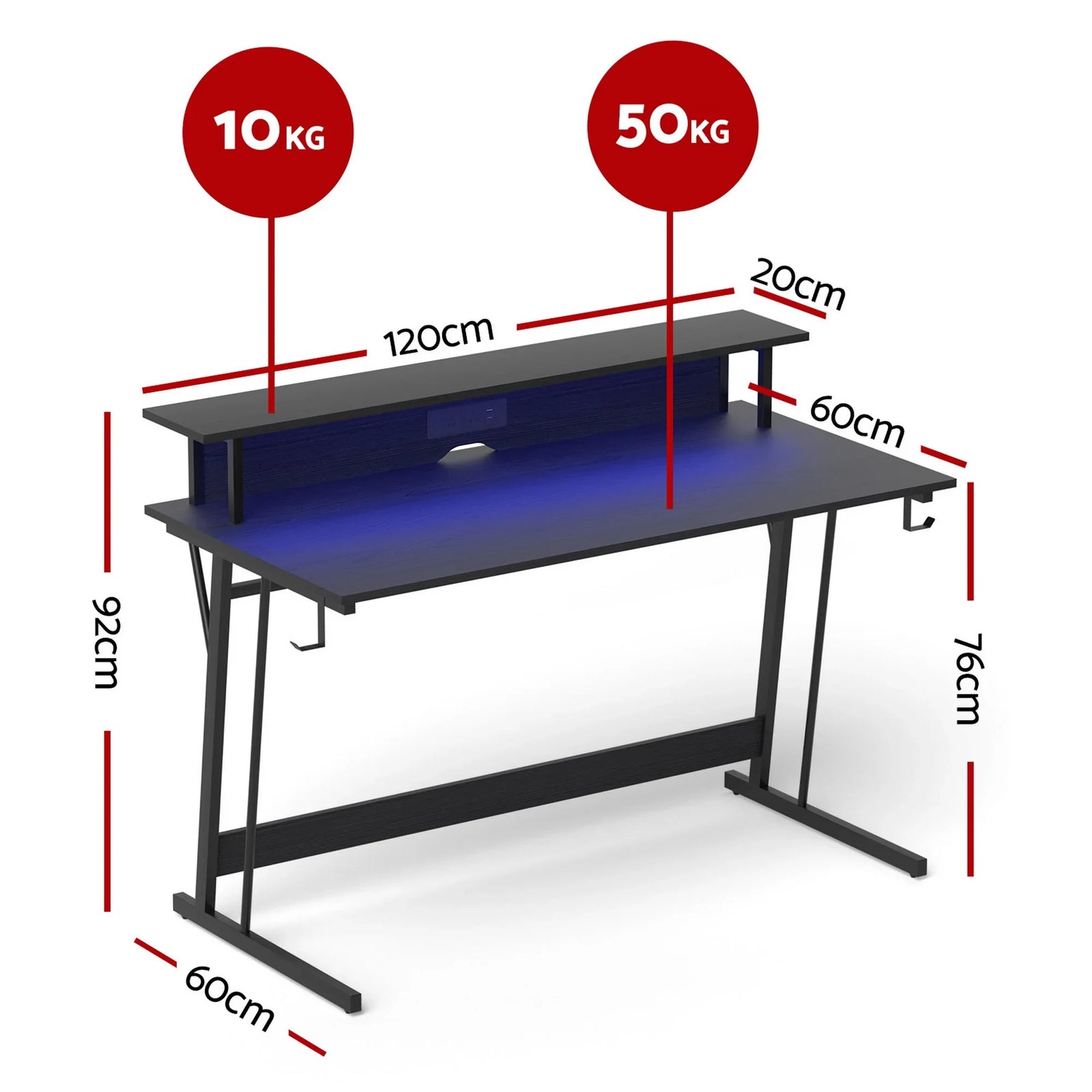 Gaming Desk with LED Lights Computer Desk Table with Monitor Shelf Power 120cm