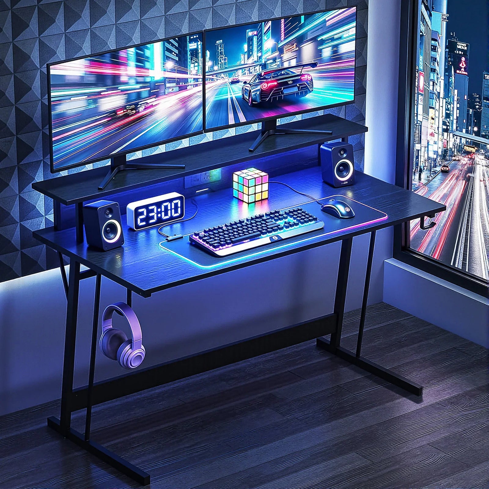 Gaming Desk with LED Lights Computer Desk Table with Monitor Shelf Power 120cm