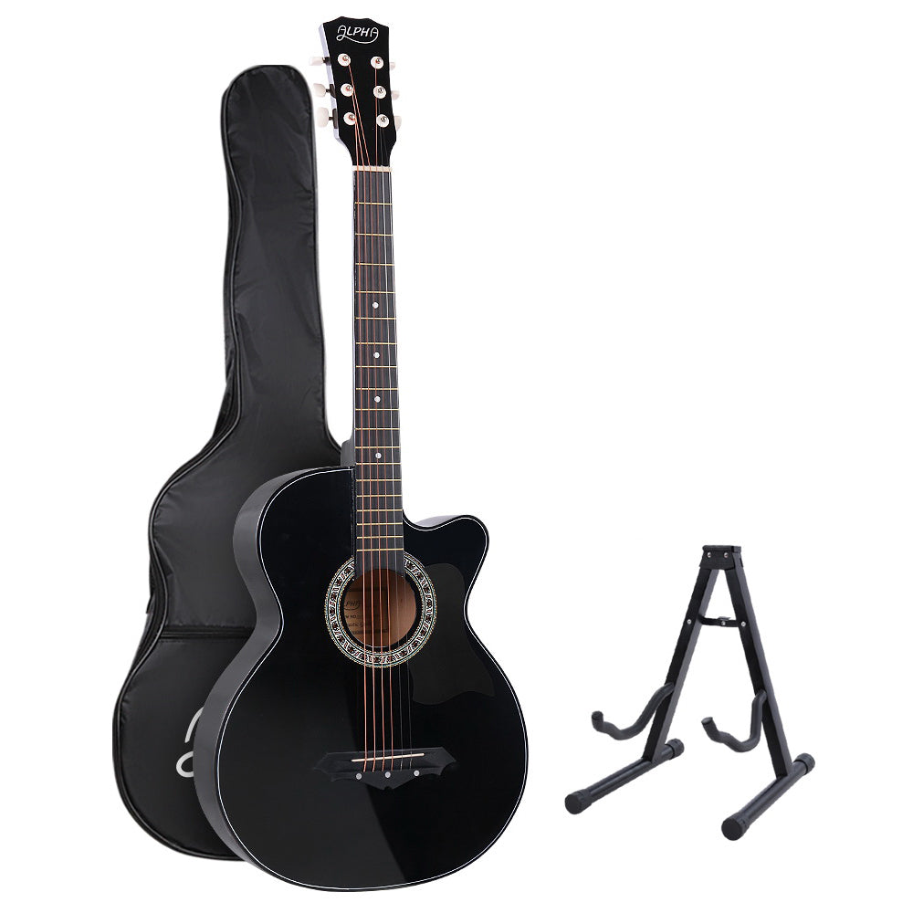 Alpha 38 Inch Acoustic Guitar Wooden Body Steel String Full Size w/ Stand Black