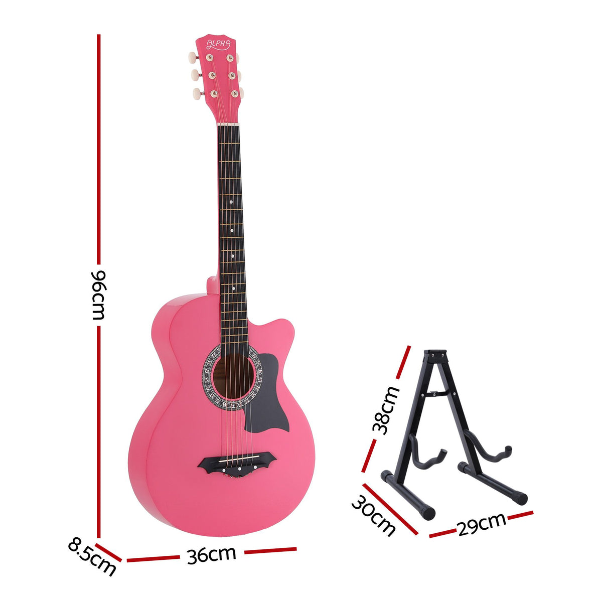 Alpha 38-Inch Acoustic Guitar, Linden Wood Body, Steel Strings, Pink, Full Size