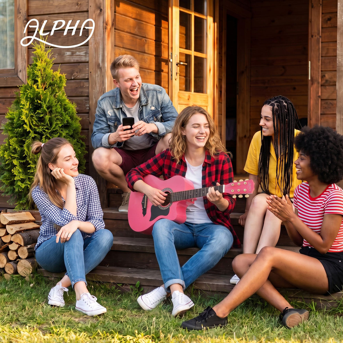 Alpha 38-Inch Acoustic Guitar, Linden Wood Body, Steel Strings, Pink, Full Size