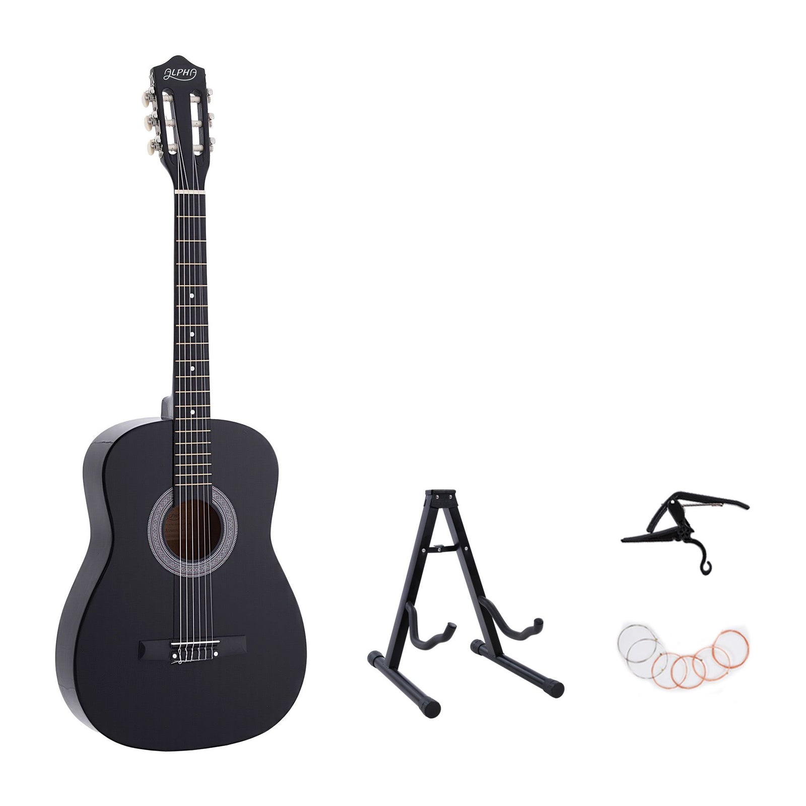 Alpha 38-Inch Classical Acoustic Guitar, Nylon Strings, Folding Stand, Black