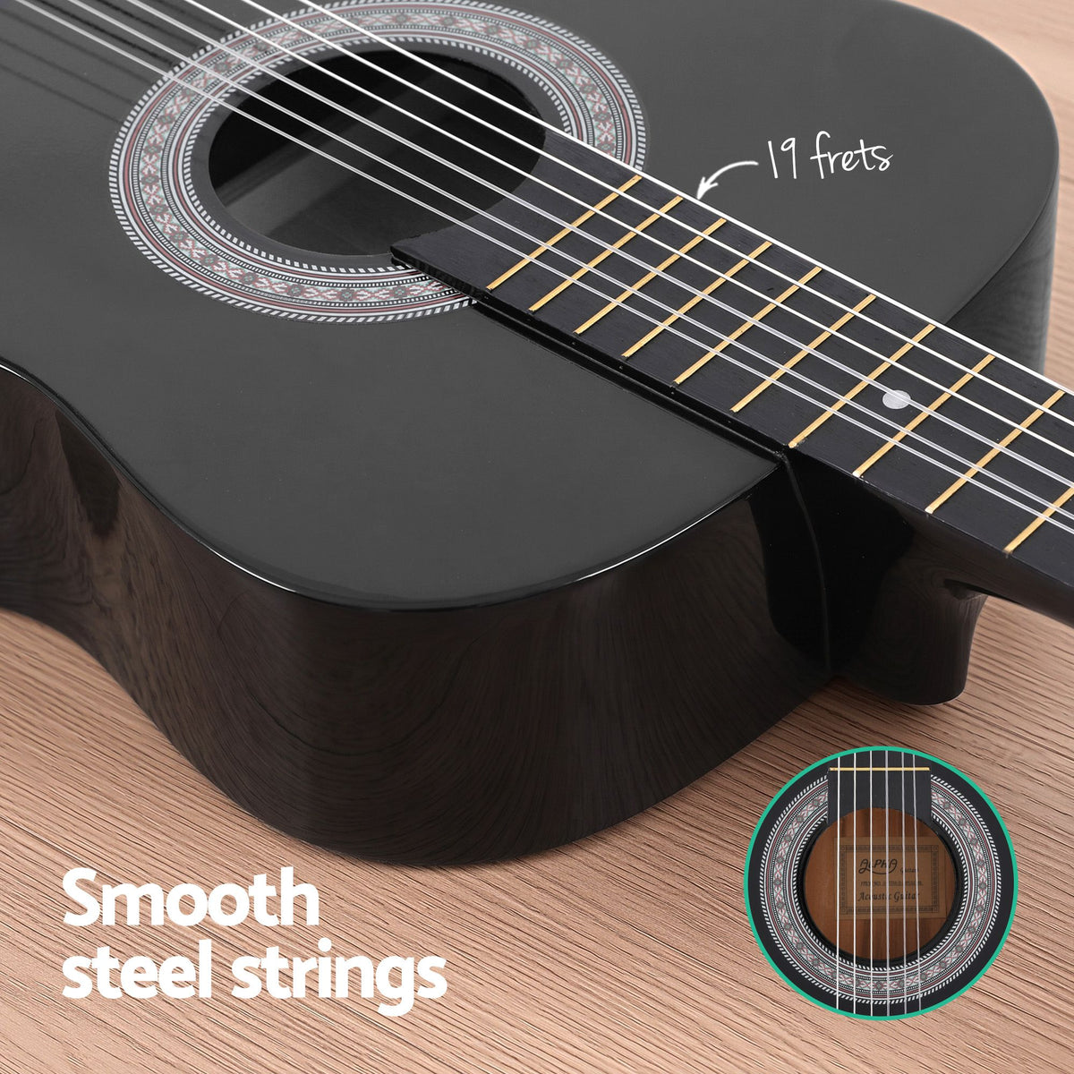 Alpha 38-Inch Classical Acoustic Guitar, Nylon Strings, Folding Stand, Black