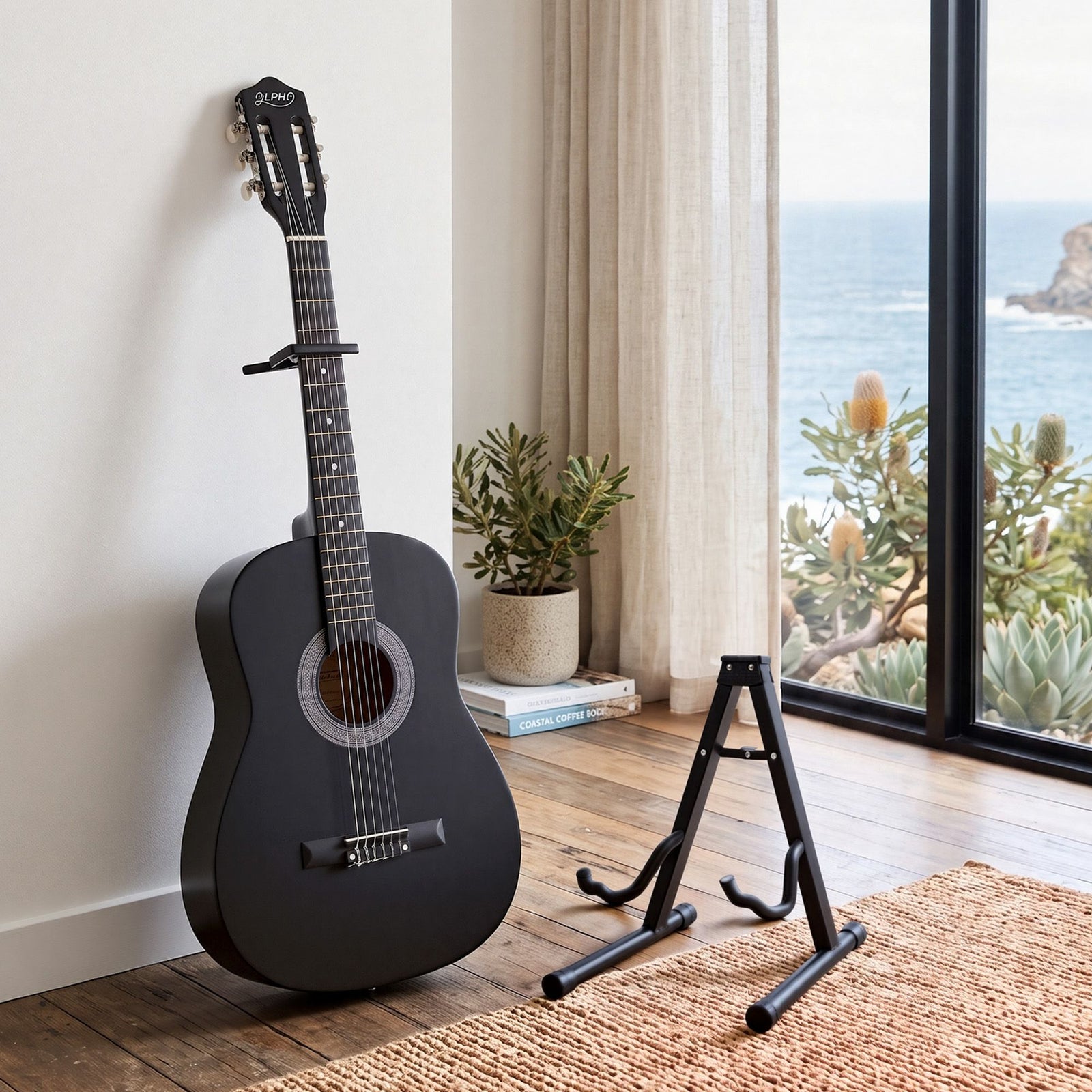 Alpha 38-Inch Classical Acoustic Guitar, Nylon Strings, Folding Stand, Black