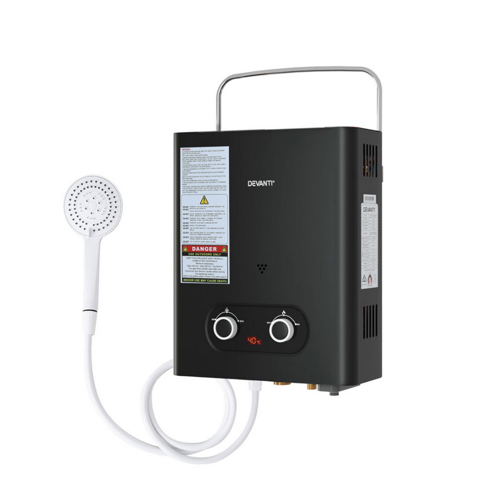 Portable LPG Gas Water Heater Outdoor Camping Shower LED Display Black