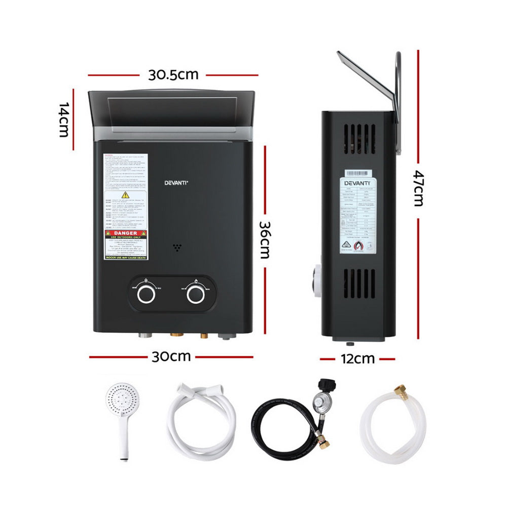 Portable LPG Gas Water Heater Outdoor Camping Shower LED Display Black