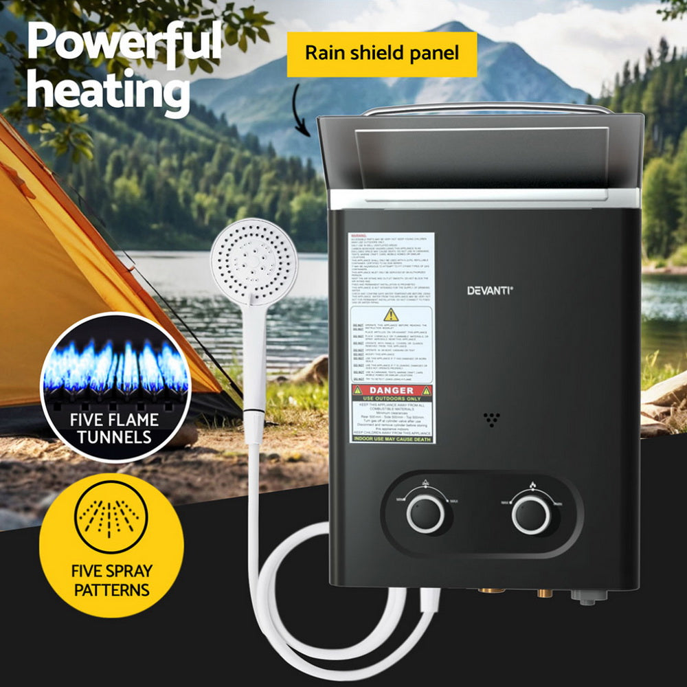 Portable LPG Gas Water Heater Outdoor Camping Shower LED Display Black