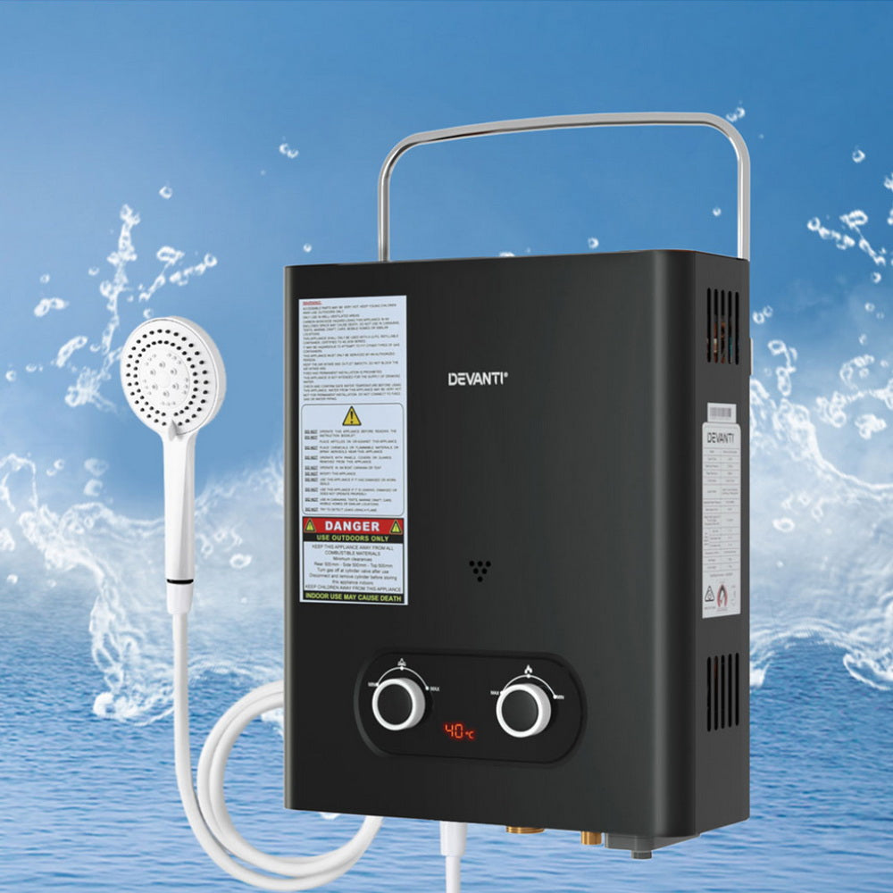Portable LPG Gas Water Heater Outdoor Camping Shower LED Display Black